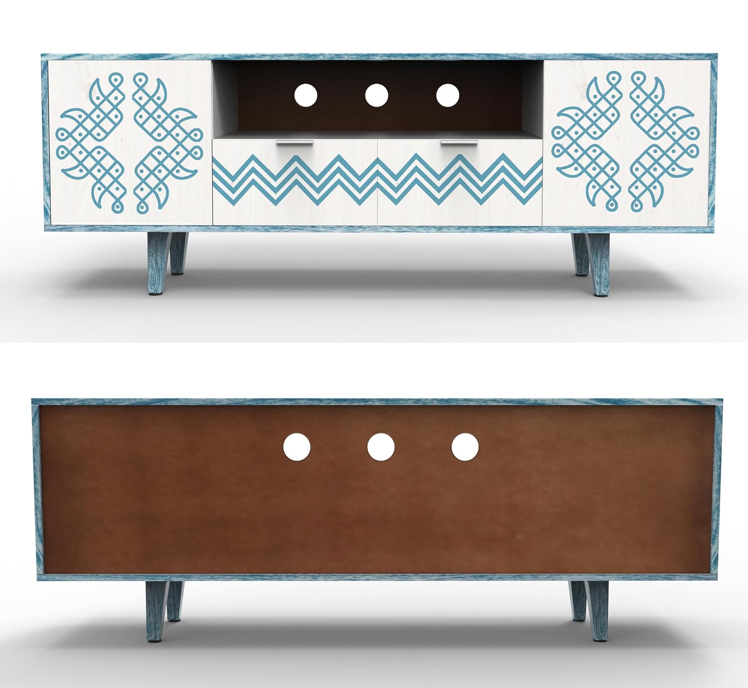 Corsica Verve Mango Wood TV Stand Console Table with Storage - Textured White and Blue Finish - Modern Living Room Furniture for TV Entertainment Center & Media Storage