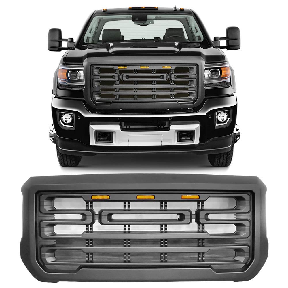 IKON MOTORSPORTS Matte Black ABS Front Grille for 2015-2019 GMC Sierra 2500/3500 | Bumper Hood Upper Shell Guard with LED Signal Lights | Off-Road & Daily Driving Upgrade