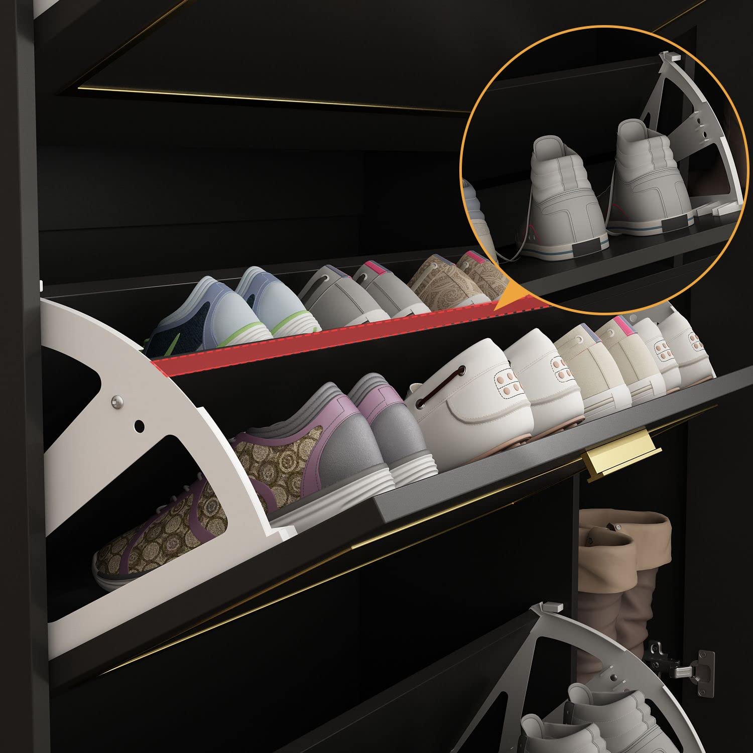 FAMAPY 3-Tier Shoe Storage Cabinet with Flip Drawers & Locker - Wooden Entryway Shoe Organizer for Hallway, Closet or Bedroom - Black and Gold Modern Design (47.2”W x 9.5”D x 47.2”H) - Perfect for Small Spaces, Apartment Living & Shoe Organization