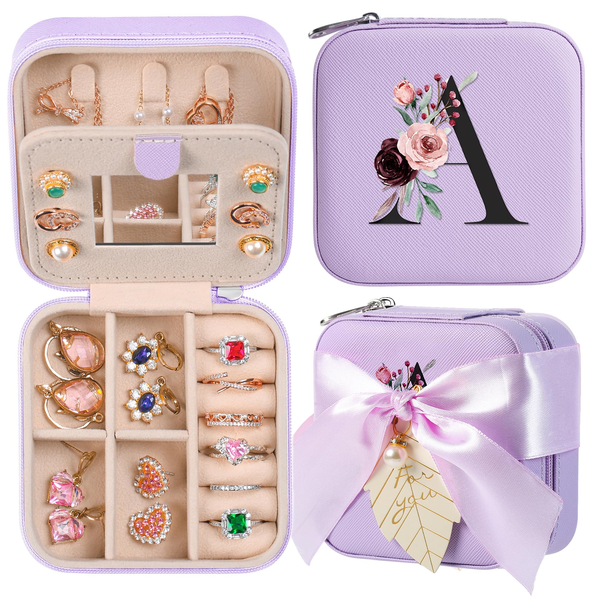 AYGXU Portable Jewelry Travel Case for Women - Small Jewelry Organizer Box with Initials A-Z - Perfect Gift for Girls, Teens & Teachers - Ideal for Vacations, Business Trips & Daily Use