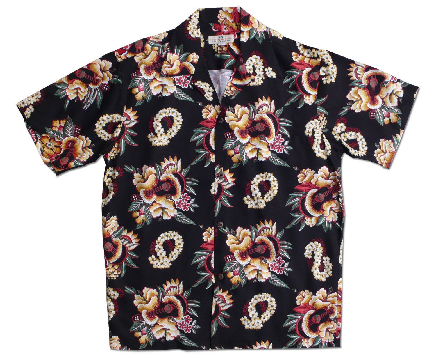 Pineapple Juice Men's Hawaiian Ukulele Lei Shirt - Tropical Summer Party, Beach Vacation & Luau Outfit