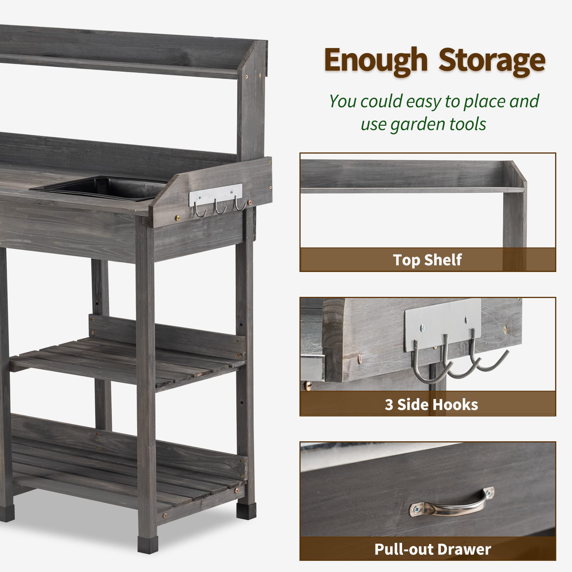 MCombo Outdoor Potting Bench with Dry Sink, Drawer & Storage Shelves - Natural Wooden Garden Workstation for Planting, Gardening - Perfect for Patio, Backyard, Porch & Greenhouse (Grey)