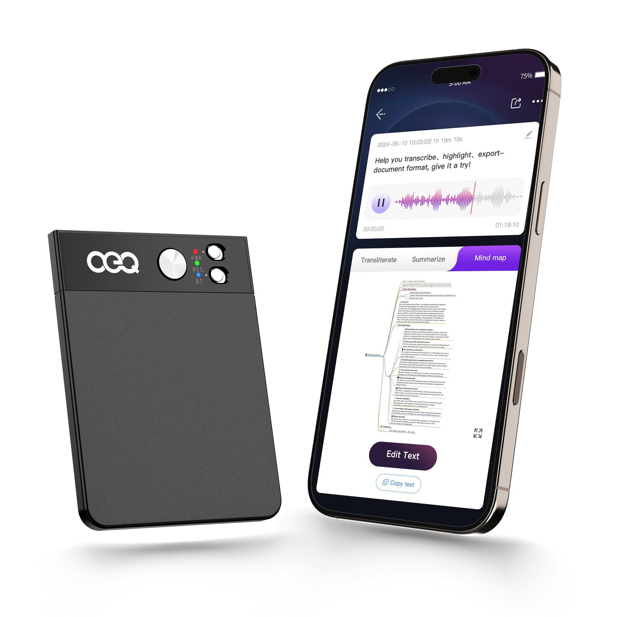 OEQ AI Voice Recorder 64GB - Smart Speech Processor with Real-Time Translation & ChatGPT Transcription | App-Controlled Digital Recorder for Students, Journalists, Creatives | Perfect for Meetings, Lectures & Travel (Black)
