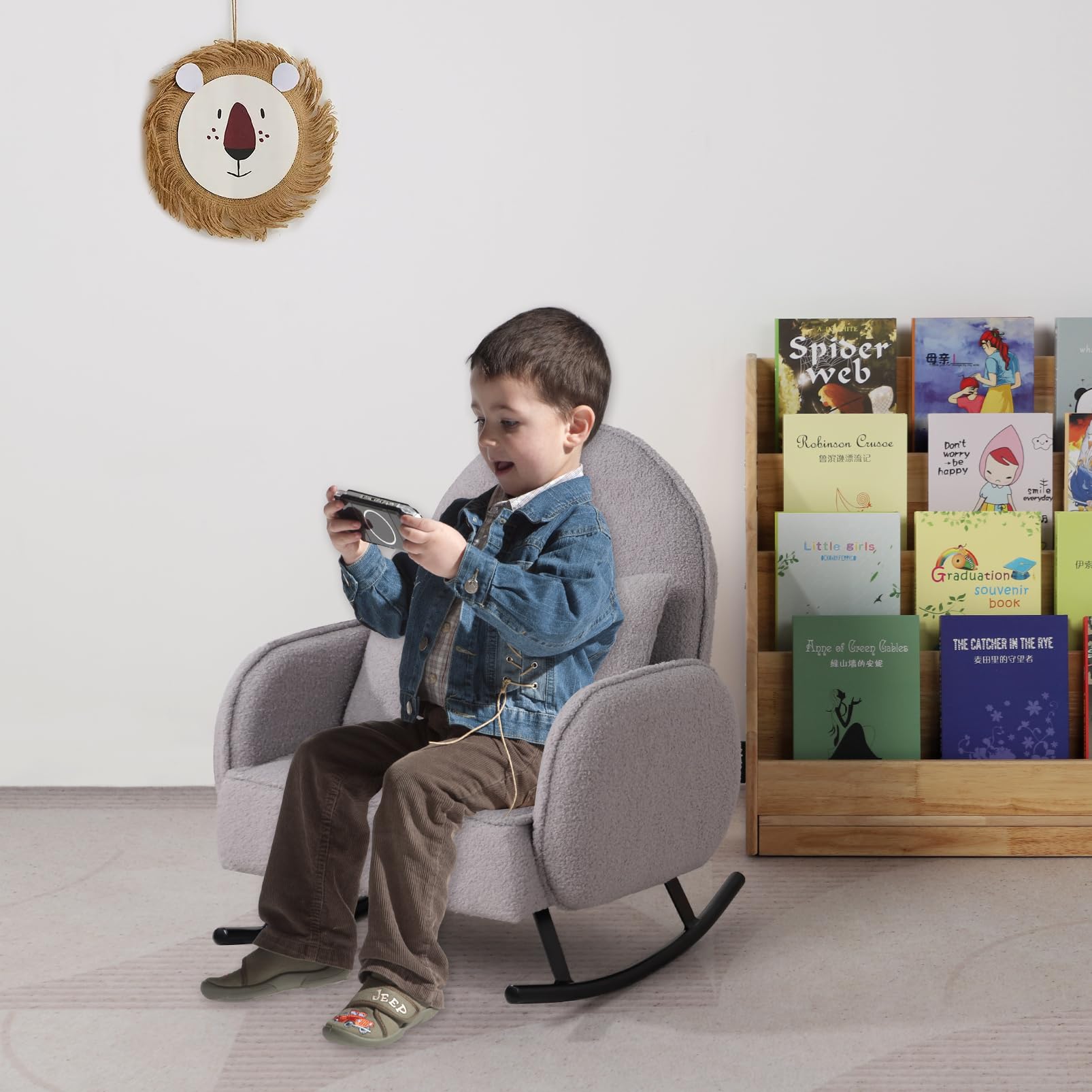 **Baby Rocking Chair with Sherpa Fabric & Metal Base - Toddler Armchair for Boys & Girls - Kids Sofa & Rocking Chair for Nursery, Playroom & Relaxation (Grey)**