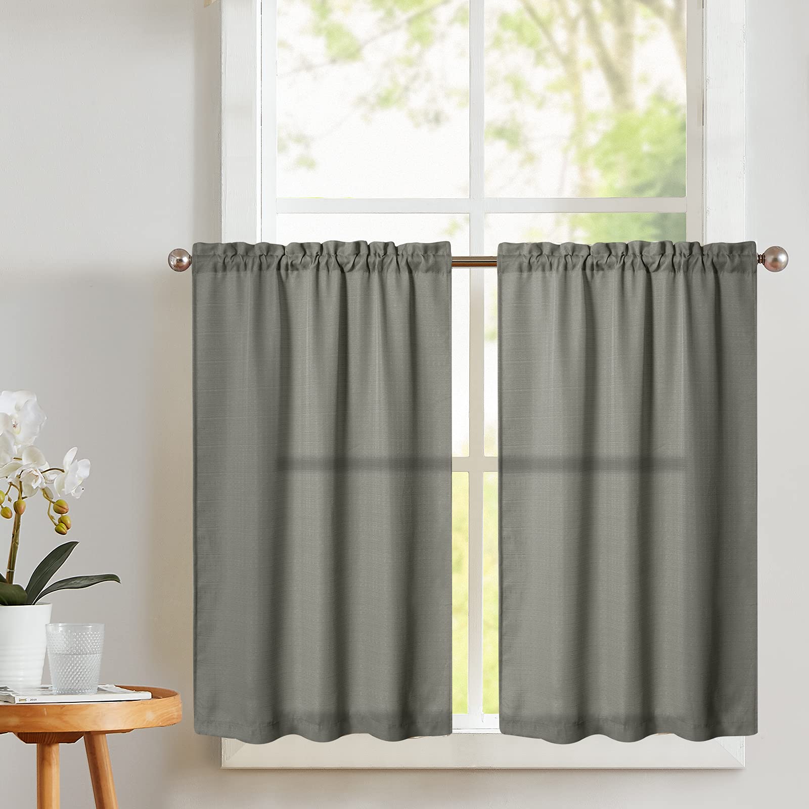 Vangao Grey Kitchen Curtains 36 Inch - Textured Semi-Sheer Cafe Curtains with Rod Pocket, 2 Panels Set for Half Window Treatments - Perfect for Kitchen, Bathroom & Bedroom Decor