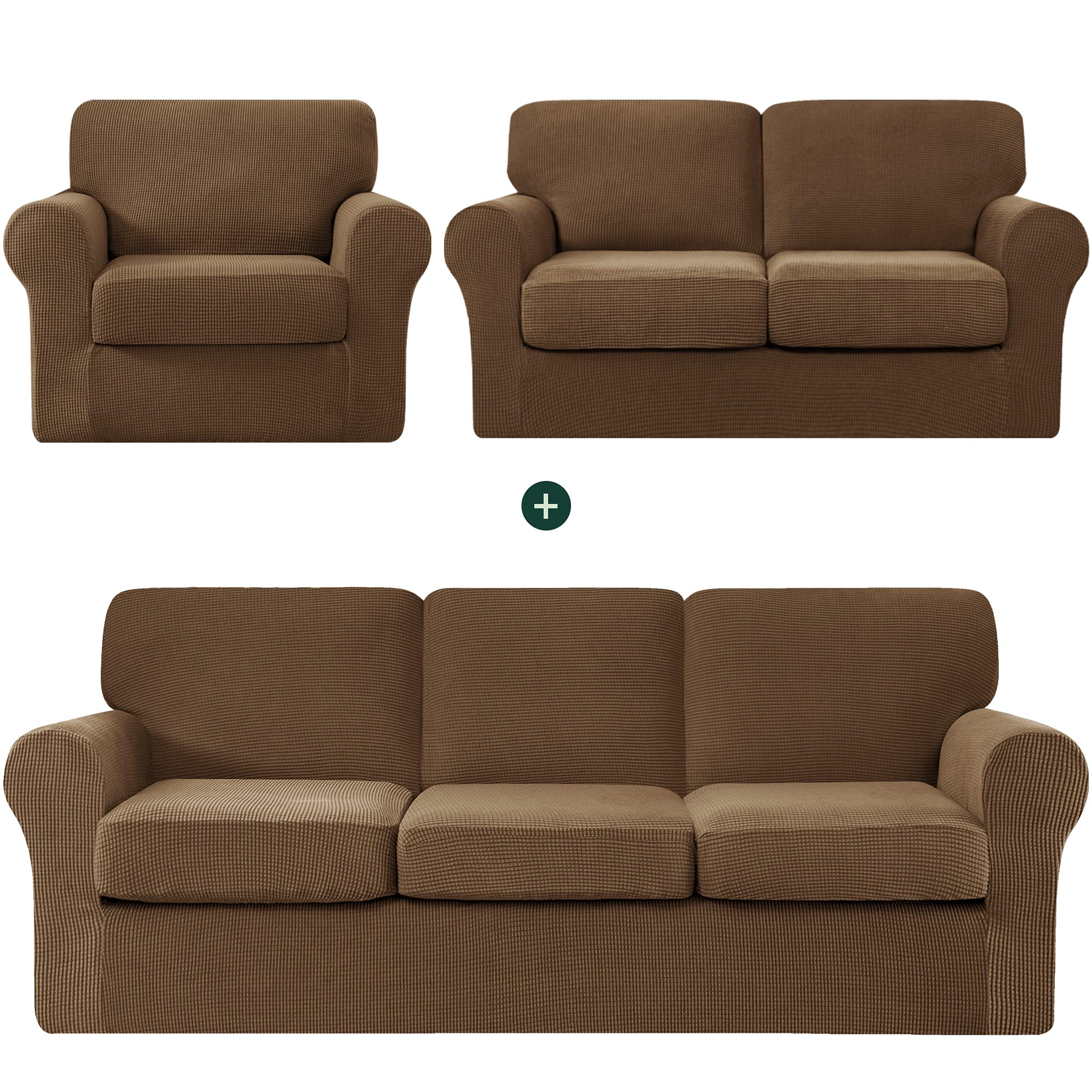 CHUN YI Small Armchair Cover & Loveseat Sofa Cover Set - Large Couch Slipcover with Separate Backrests & Cushions (Coffee Brown) - Perfect for Living Room Furniture Protection & Home Decor Upgrade