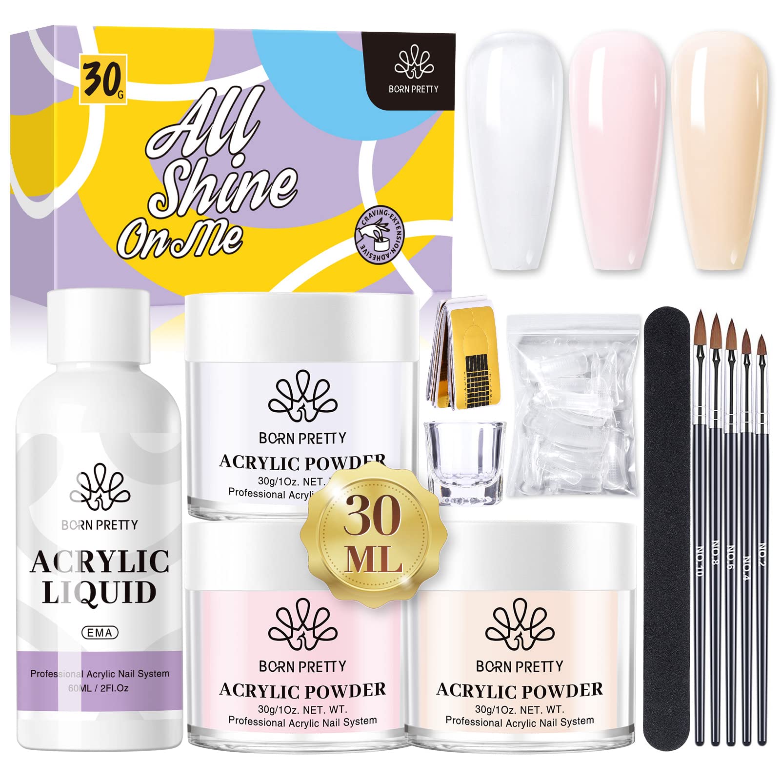 BORN PRETTY Acrylic Nail Kit with Clear Nude Pink Powder & Monomer Liquid - 30g(1oz) Professional Starter Set for Acrylic Nails Extension & DIY Manicure at Home - Perfect for Beginners & Nail Art Enthusiasts