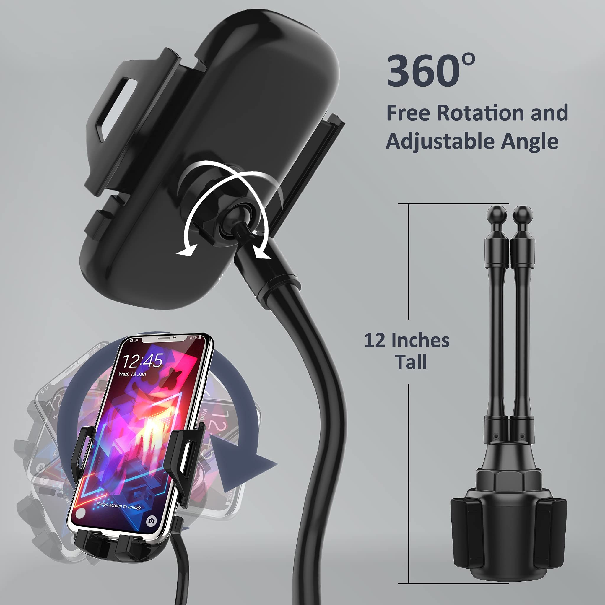 Dual Car Cup Holder Phone Mount - 360° Rotatable & Adjustable Long Flexible Neck - Universal Fit for 2 Phones (iPhone, Samsung, GPS) - Perfect for Road Trips, Uber/Lyft Drivers & Hands-Free Navigation