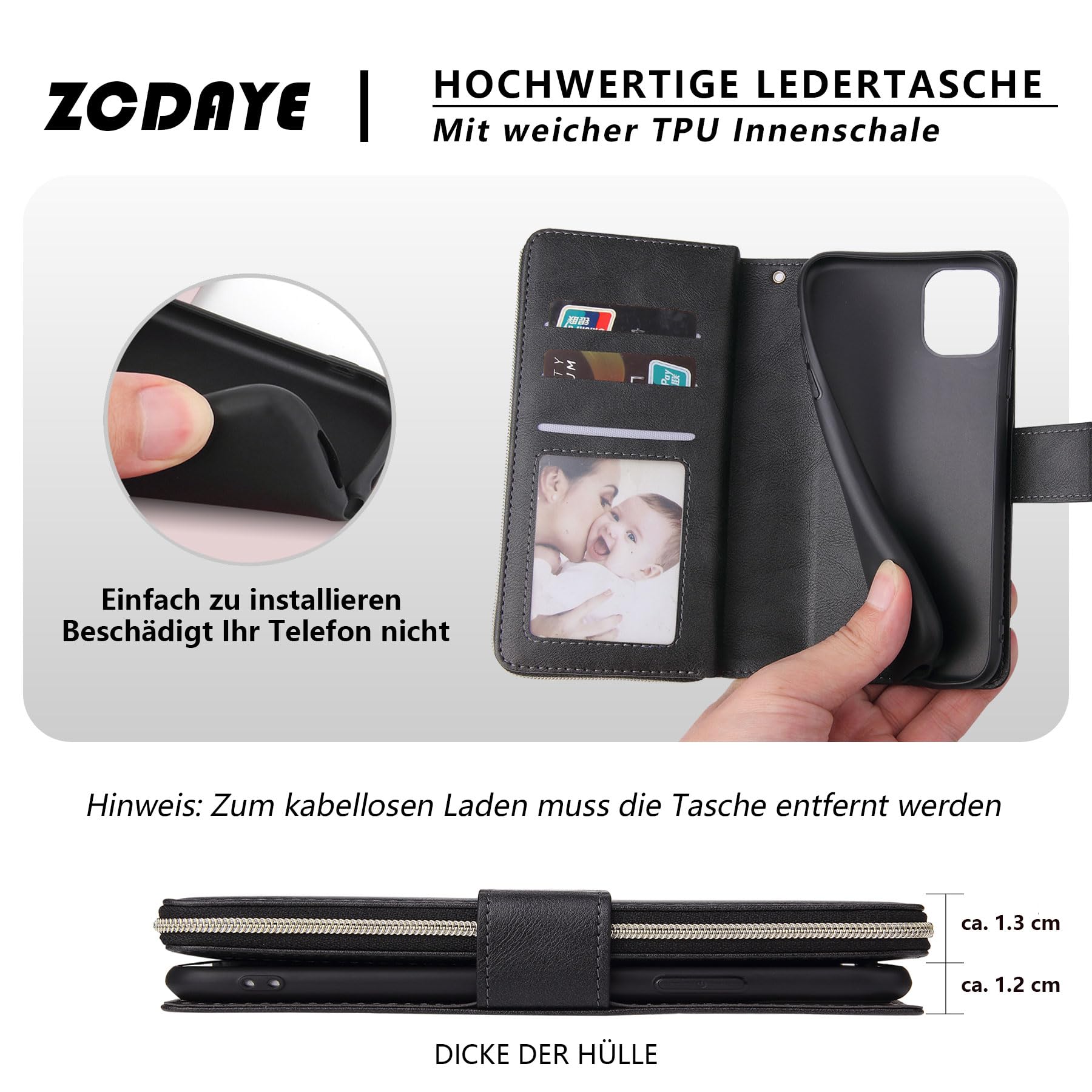 ZCDAYE iPhone 15 Plus Wallet Case with Card Holder & Zipper Pocket - 6.7 Inch Shockproof Folio Cover with Wrist Strap & Kickstand (Black) - Perfect for Travel, Shopping & Everyday Use