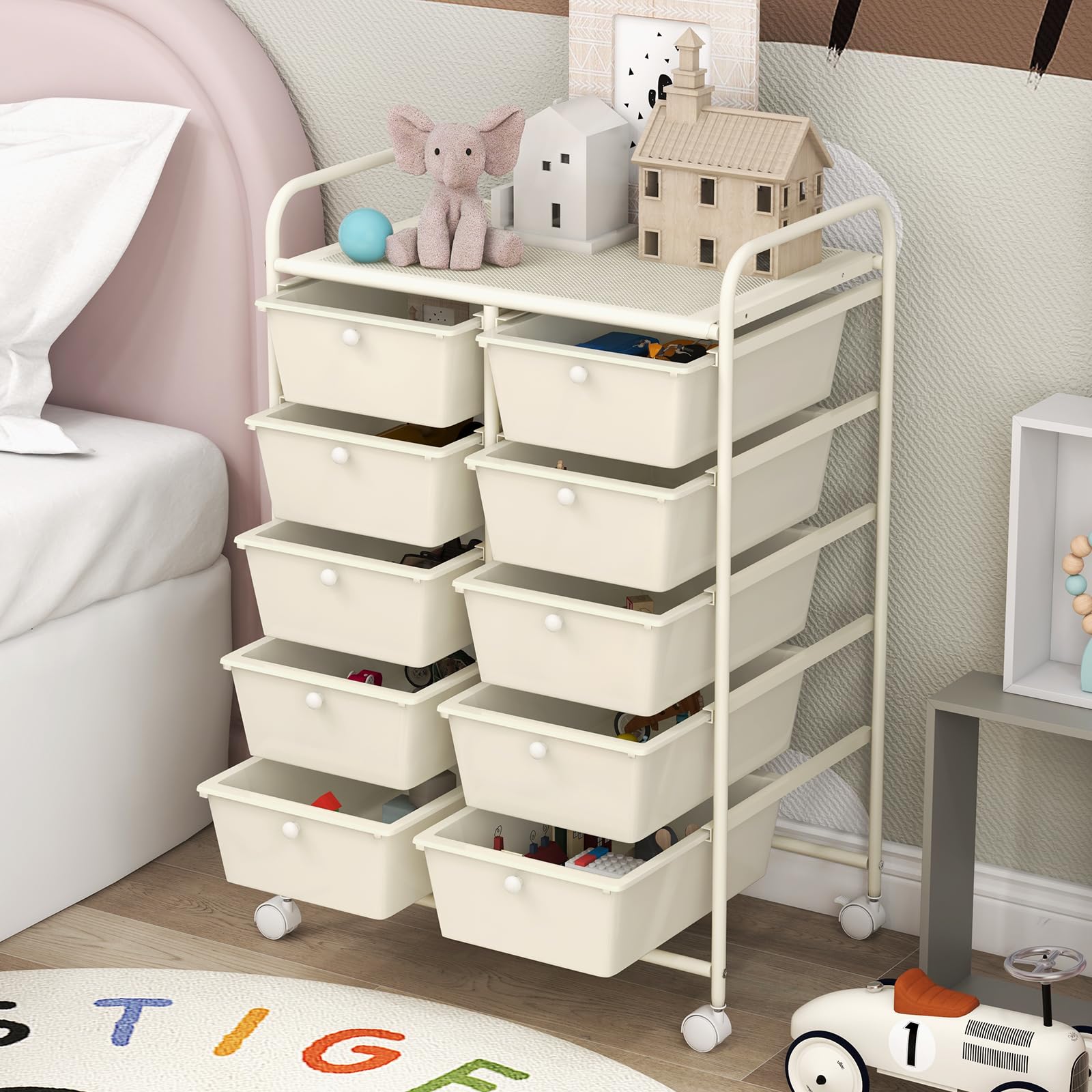 GOFLAME 10-Drawer Rolling Storage Cart with Wheels - Multipurpose Mobile Organizer for Art Supplies, Crafts, School, Office & Home Use - Ivory Utility Cart for Easy Storage & Organization