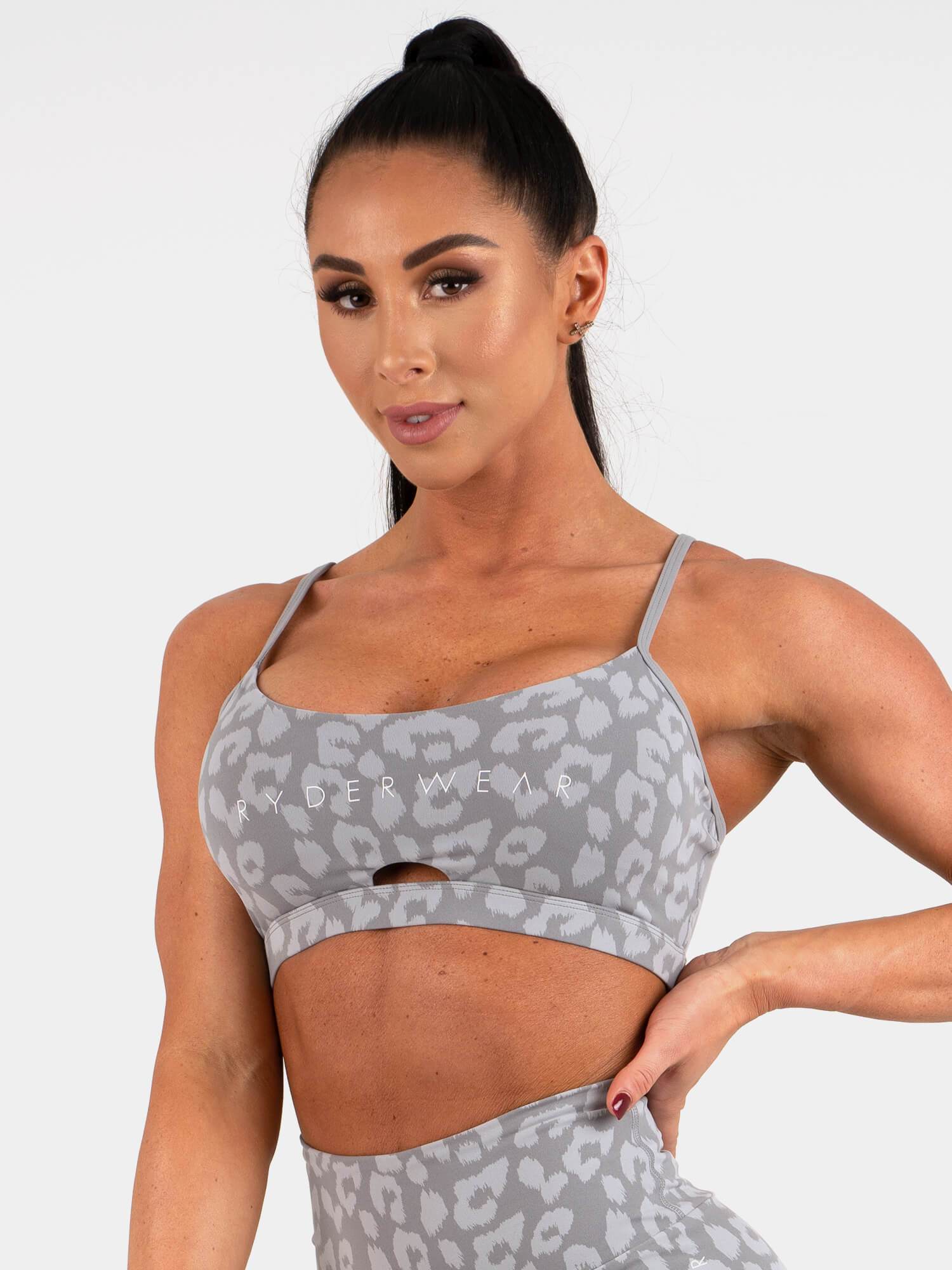 Women's High Impact Animal Print Sports Bra - Leopard Grey for Running, Yoga & Gym Workouts