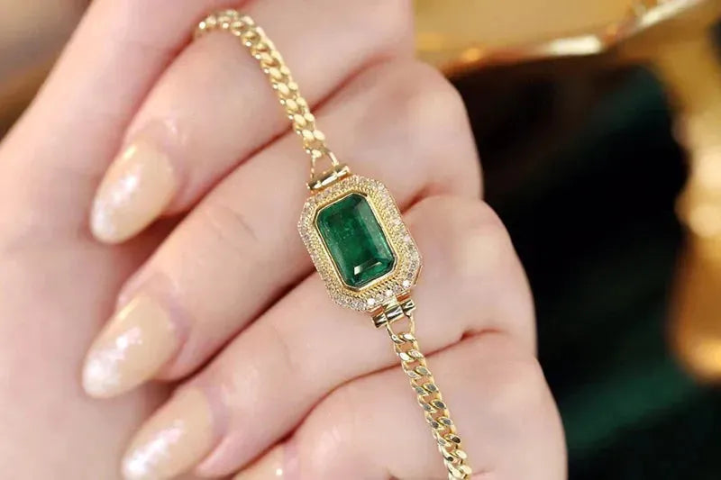 18K Yellow Gold Bracelet with Natural Emerald & Real Diamonds | Elegant Women's Wedding & Engagement Jewelry | Perfect for Bridal, Anniversary & Special Occasion Gifts