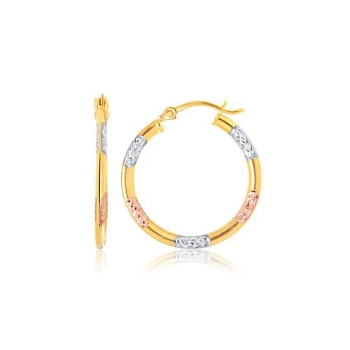 14K Tri-Color Gold Classic Hoop Earrings with Diamond Cut Details - Elegant Everyday Jewelry for Women, Perfect for Parties, Weddings & Special Occasions