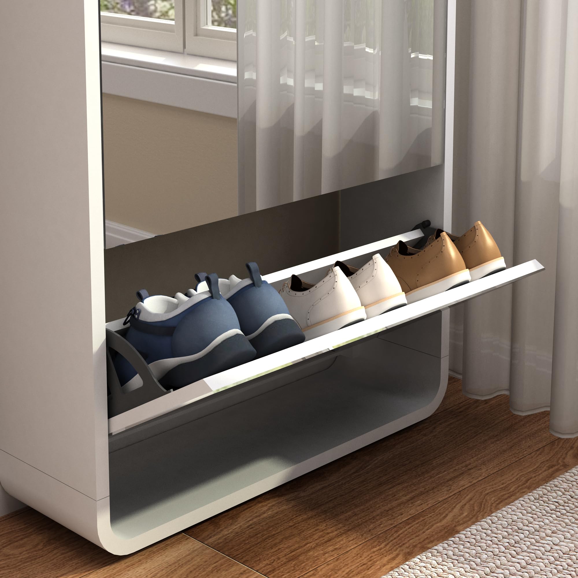 Slim Mirror Shoe Cabinet with Flip Drawers - Freestanding Narrow Shoe Rack Organizer with Full-Length Mirror - White Wooden Entryway Storage for Living Room, Hallway, Closet & Small Apartments - Perfect for Space-Saving Home Organization & Quick Outfit Checks
