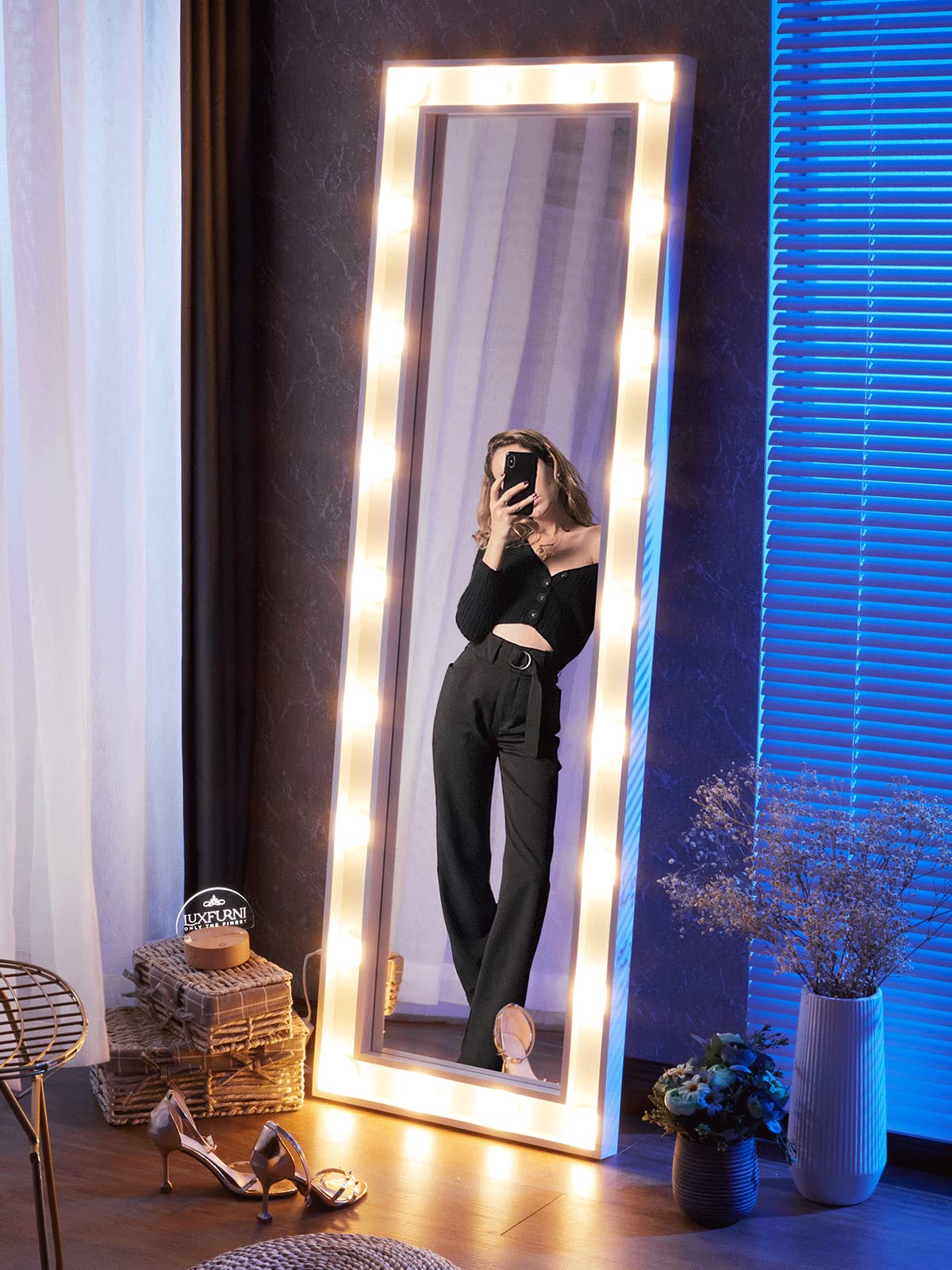 LUXFURNI 22 LED Full Length Mirror - Large Standing Floor Mirror with Lights, Tall Leaner Body Mirror for Bedroom, Dressing Room, Gym & Home Decor (White) - Perfect for Vanity, Selfie & Outfit Check