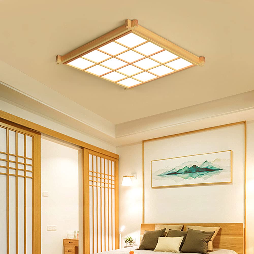 Japanese Style Solid Wood Square LED Flush Mount Ceiling Light - 6000K White Light with Acrylic Shade - Modern Minimalist Close-to-Ceiling Fixture for Living Room, Bedroom & Dining Room Lighting