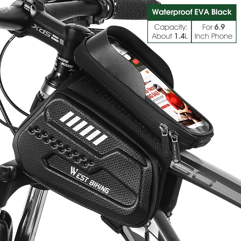 Waterproof MTB Bike Frame Bag - Front Top Tube Bicycle Phone Pouch for 6-7.2 Inch Touch Screen Devices | Cycling Accessories for Mountain & Road Bikes | Perfect for Commuting, Trail Riding & Outdoor Adventures