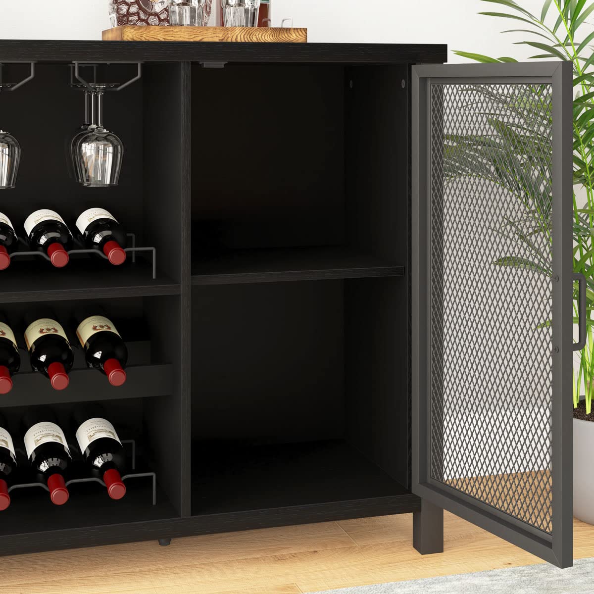 IBF 55 Inch Black Oak Industrial Coffee & Liquor Cabinet with Wine Rack Storage - Farmhouse Style Kitchen Buffet for Home, Living Room & Dining Room | Perfect for Entertaining Guests & Organizing Beverages