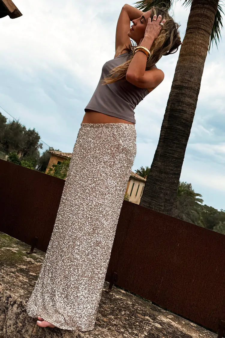 Dorris Silver Sequin Skirt for Women - Sparkly Party Skirt for Night Out, Club Wear, and Special Occasions