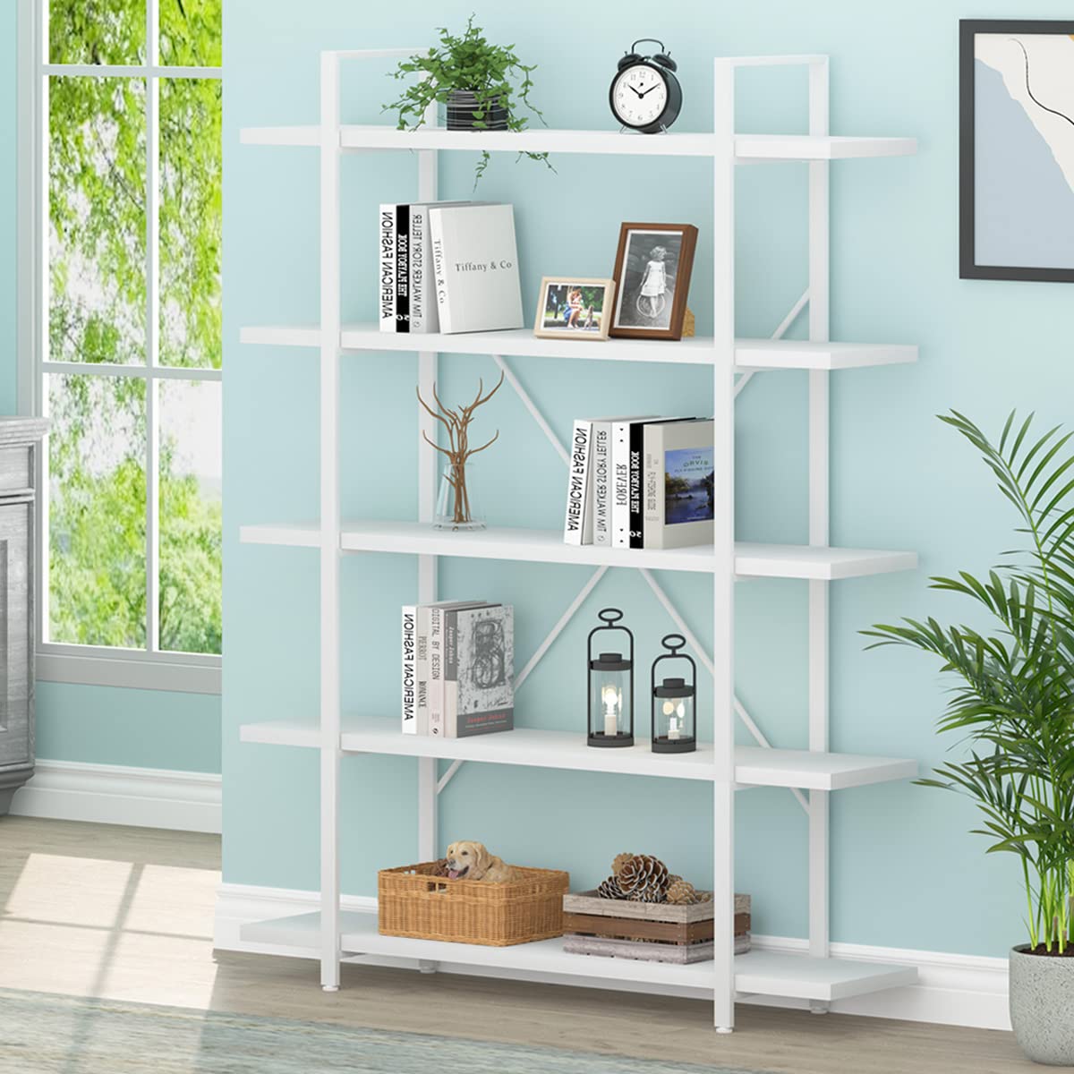 HSH 5-Tier Tall White Bookshelf - Modern Metal & Wood Storage Shelf for Bedroom, Living Room, Office - Large Farmhouse Bookcase with Open Vertical Display (Perfect for Organizing Books, Decor & Displaying Collectibles)