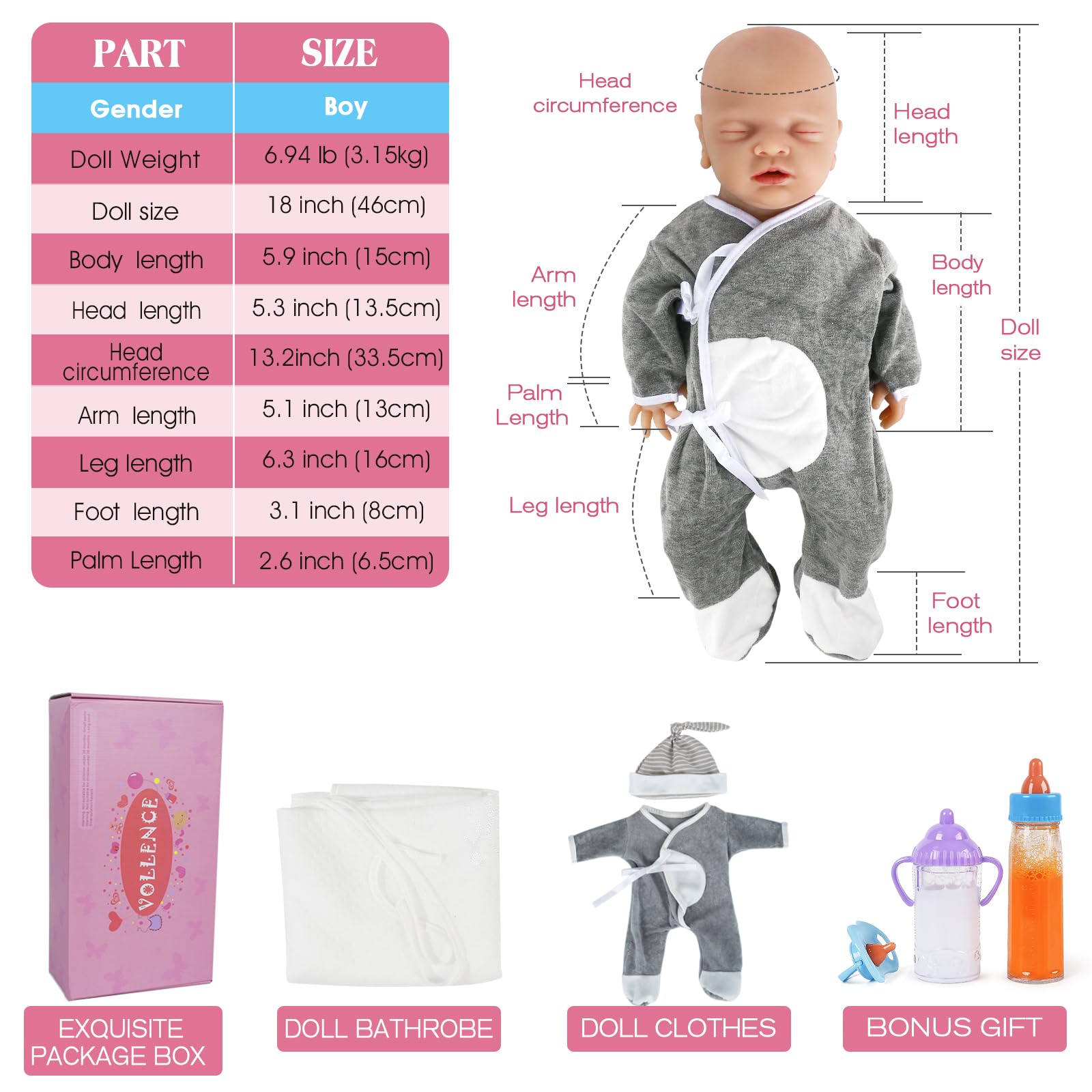 Vollence 18 Inch Realistic Lifelike Sleeping Baby Doll - Full Silicone Newborn Boy with Closed Eyes | Ultra Real Baby Doll for Collectors, Photography Props, Therapy & Gift Giving