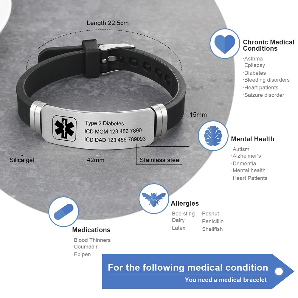 Personalized Silicone Medical Alert Bracelet - Adjustable 9 Inch Waterproof Emergency ID Bracelet for Men & Women with Engraving | Ideal for Sports, Travel & Daily Safety