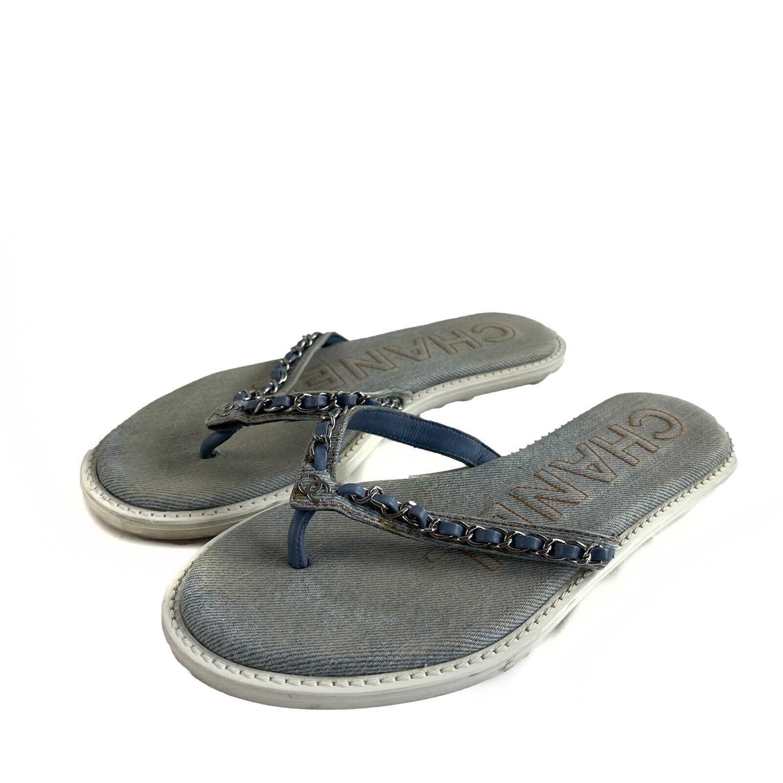Chanel 2020 Interlocking CC Logo Denim Flip Flops Women's Size 36 (US 6) - Blue & White Sandals for Beach, Pool & Summer Outfits