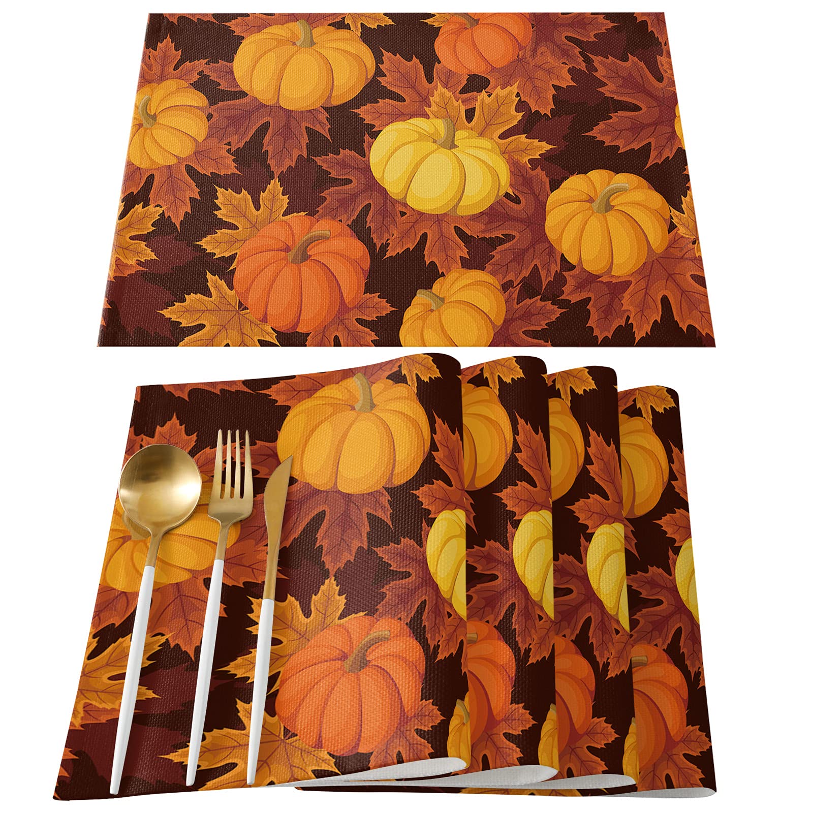 Fall Thanksgiving Placemats Set of 6 - Pumpkin Harvest Table Mats for Dining & Kitchen, Waterproof & Wipeable Farmhouse Decor - Perfect for Autumn Gatherings, Holiday Dinners & Cozy Home Decor