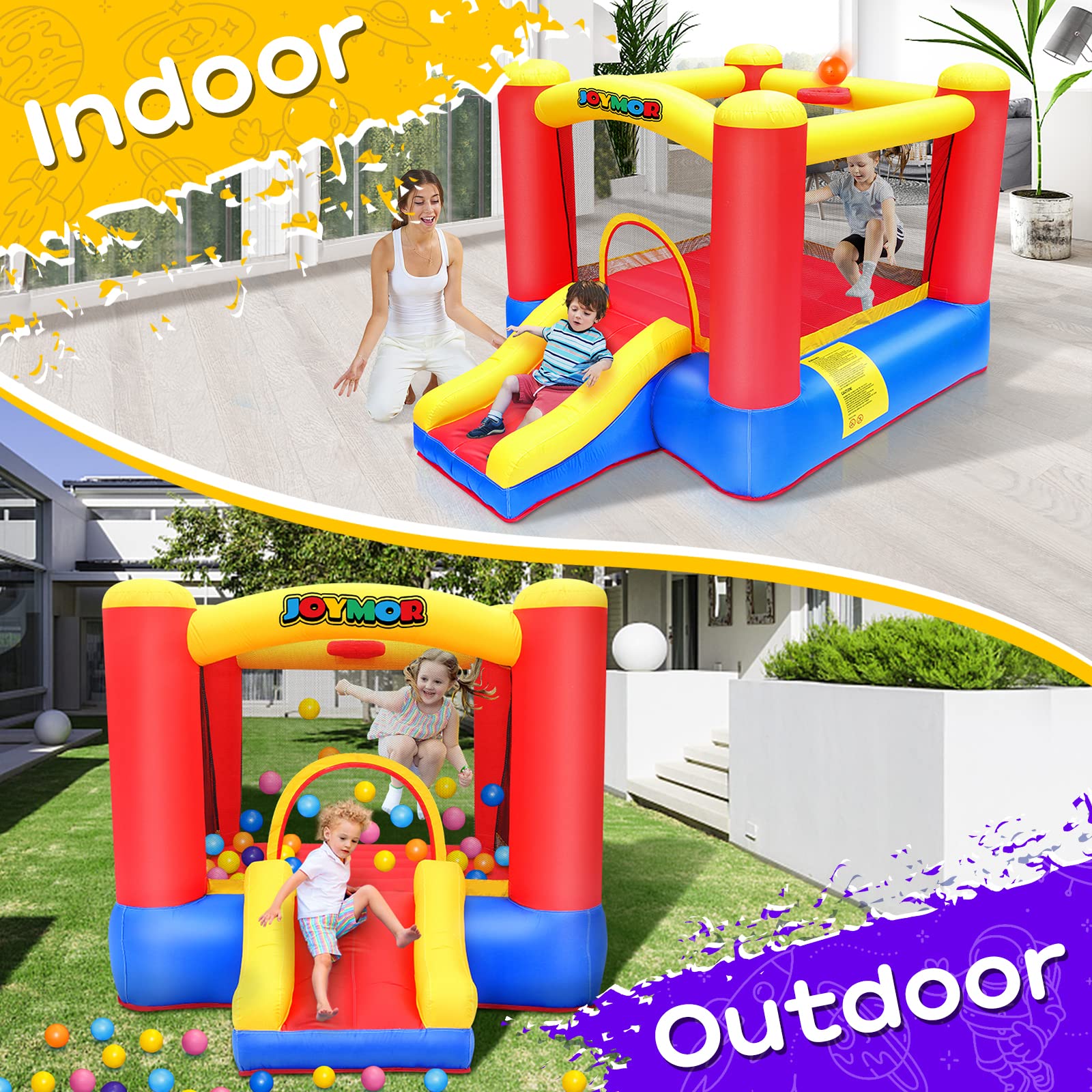 JOYMOR Inflatable Bounce House for Kids Ages 3-6 - Indoor Playhouse with Air Blower, Basketball Hoop & Slide - Perfect for Toddlers 1-3, Birthday Parties, Backyard Fun & Indoor Playtime