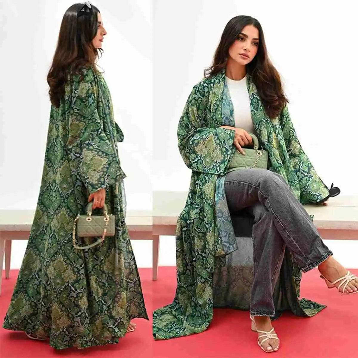 Elegant Green Floral Printed Hijab & Cardigan Abaya Dress Set - Perfect for Eid, Ramadan, and Special Occasions