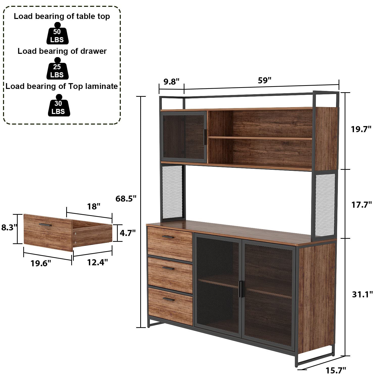 Large Kitchen Hutch Cabinet with 3 Metal Doors & 3 Drawers - Rustic Brown Pantry Storage Cupboard with Microwave Shelf (59