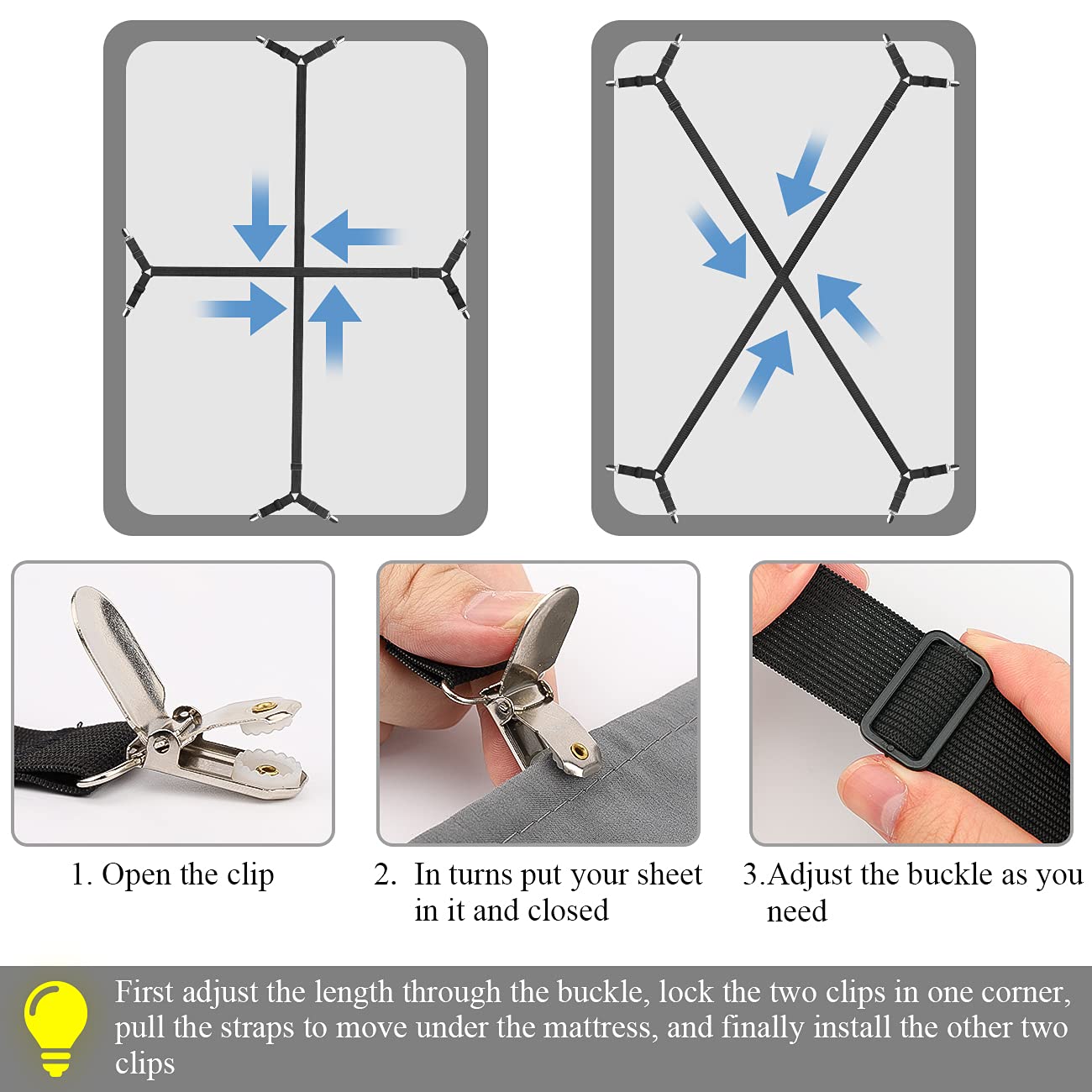 ACEDÉCOR Sheet Straps - Fitted Sheet Clips Under Mattress for Twin, Full, Queen & King Size Beds - Secure Bed Sheet Holders (Black) | Perfect for Deep Pocket Sheets, Adjustable Beds & Preventing Wrinkles While Sleeping