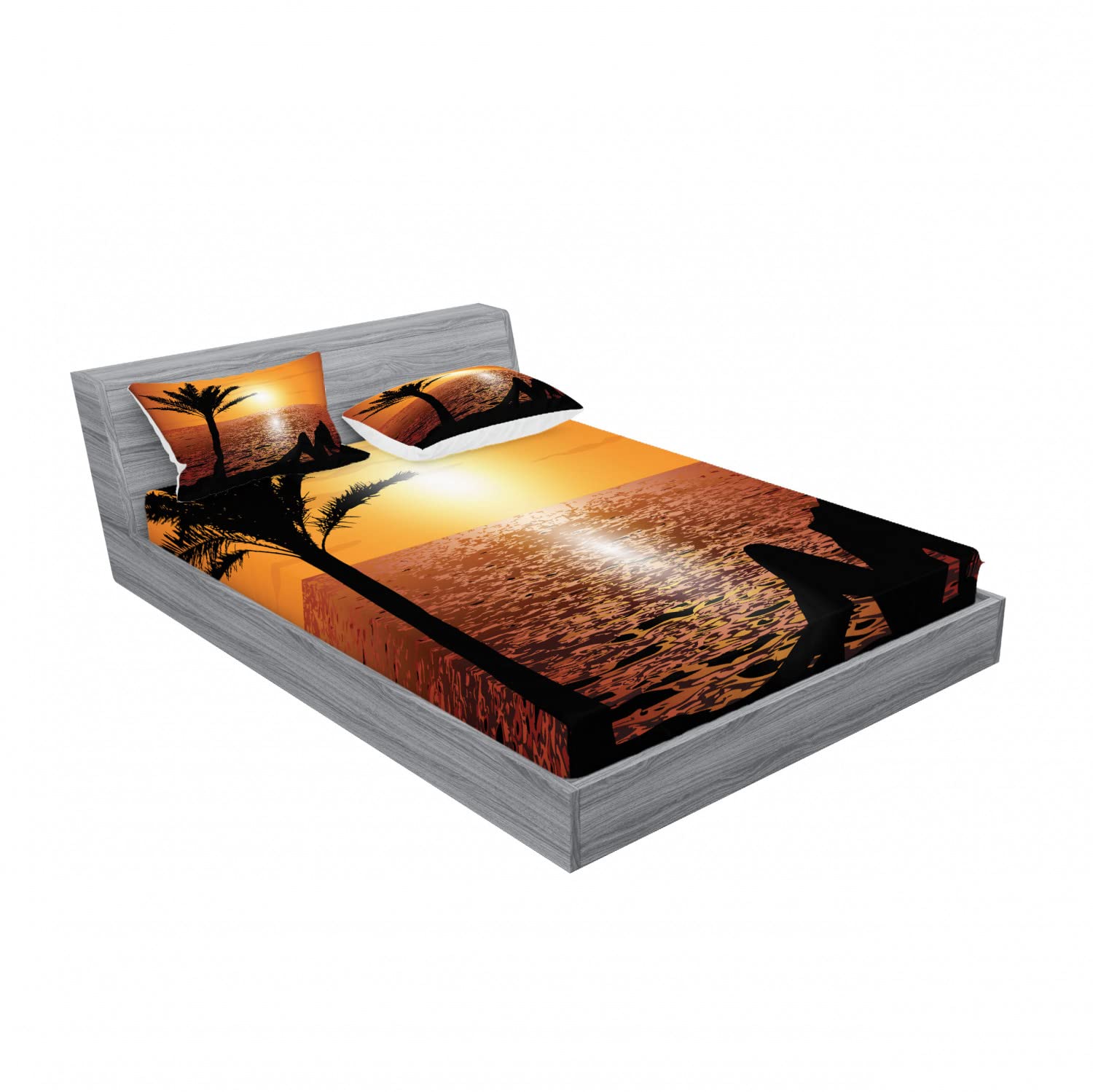 Ambesonne Retro 2-Pack Queen Size Fitted Sheet & Pillow Sham Set - Tropical Beach Sunset Design, Orange & Black 4-Piece Bedding Decor (2 Fitted Sheets + 4 Pillow Covers) for Coastal Themed Bedroom, Guest Room or Vacation Home Decor