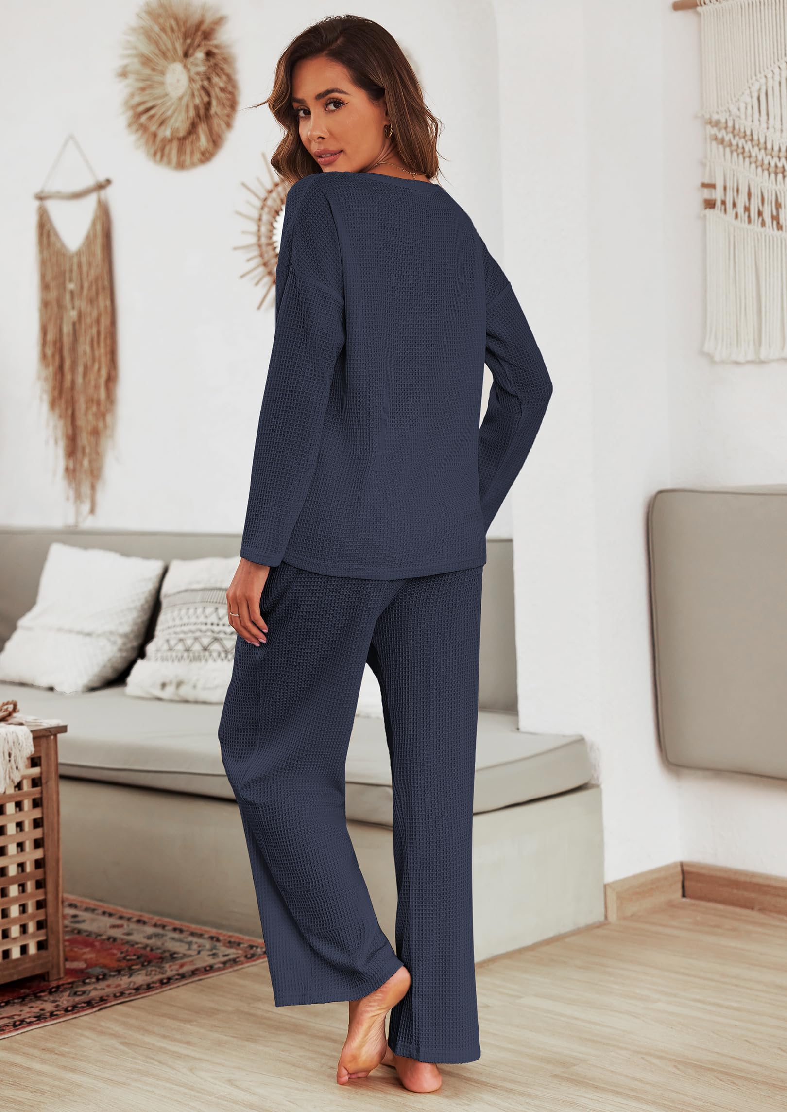 Ekouaer Women's Waffle Knit Pajama Set - Soft Long Sleeve Lounge Set with Pockets, 2 Piece Matching Sleepwear for Cozy Nights & Relaxing at Home