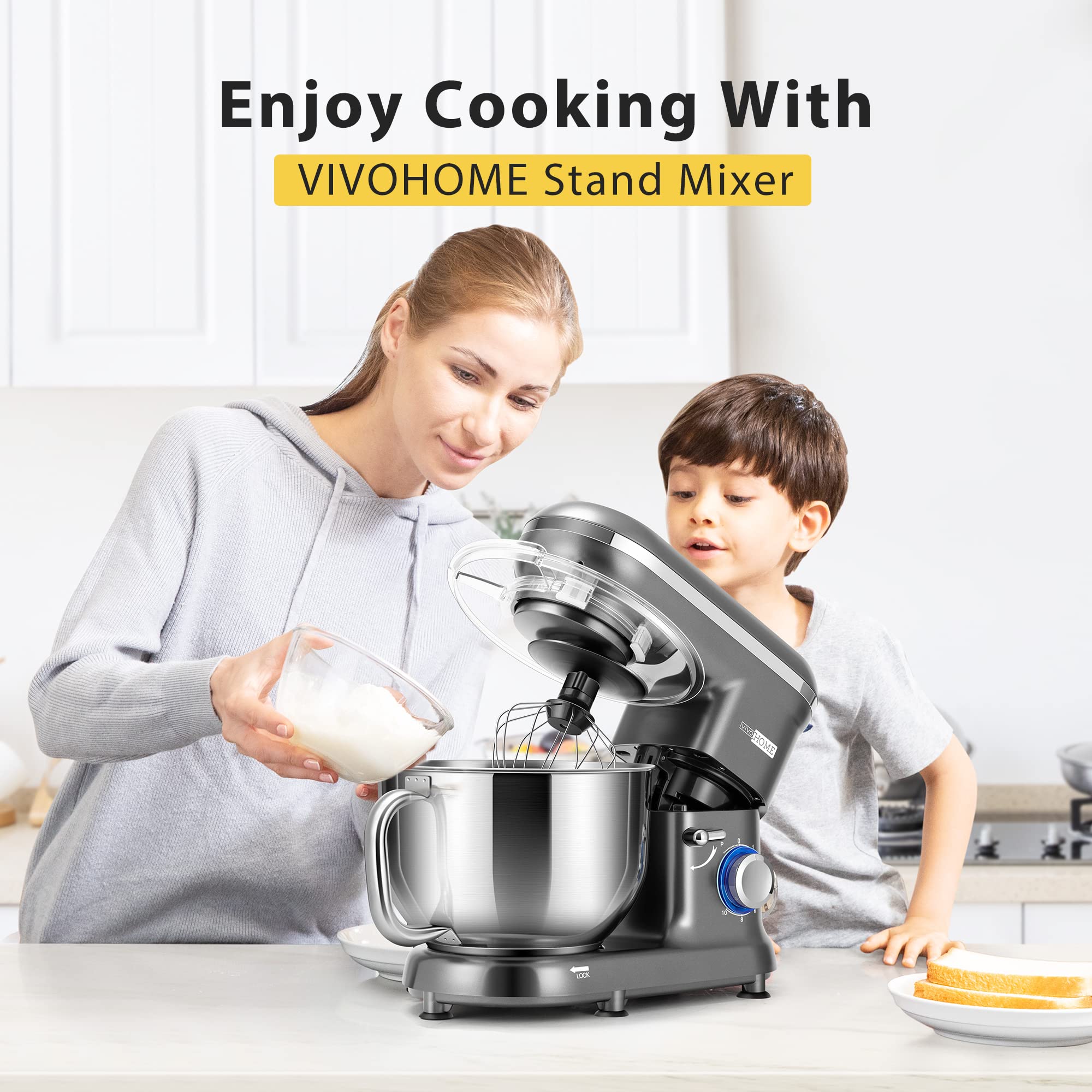 VIVOHOME 660W 10-Speed 6 Quart Tilt-Head Stand Mixer - Electric Kitchen Food Mixer with Beater, Dough Hook, Wire Whip & Egg Separator (Gray) - Perfect for Baking Cakes, Cookies, Bread & Whipping Cream