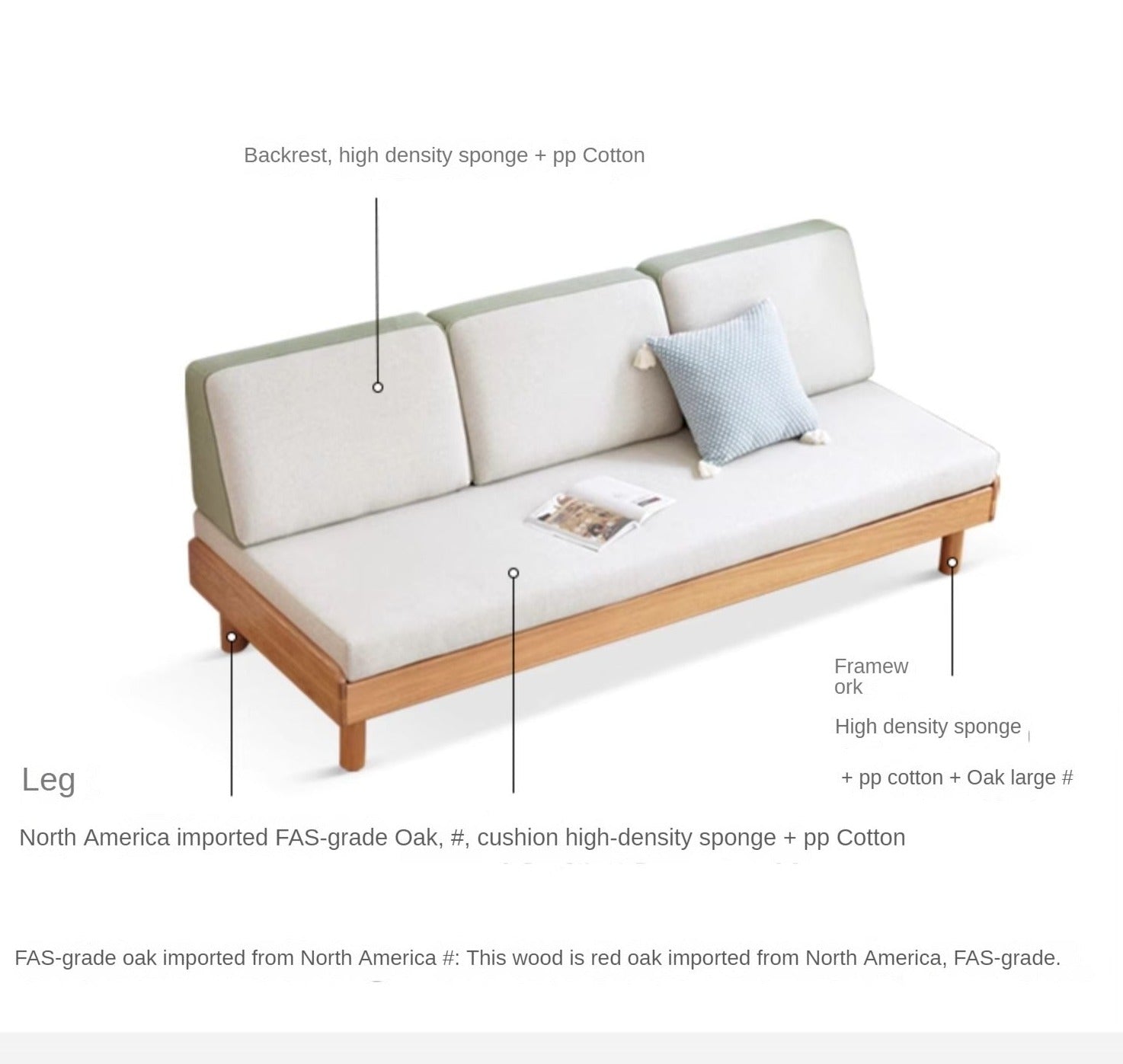 **Solid Oak Wood Tatami Fabric Sofa Bed - Convertible Folding Futon for Small Spaces, Guest Room & Apartment Living**