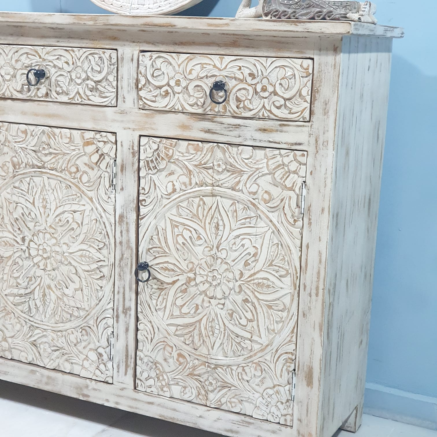 Handmade Carved Indian Mango Wood Sideboard - 3 Drawers & 3 Doors - Cream Wash Finish | Rustic Dining Room Buffet Cabinet for Home Decor & Storage