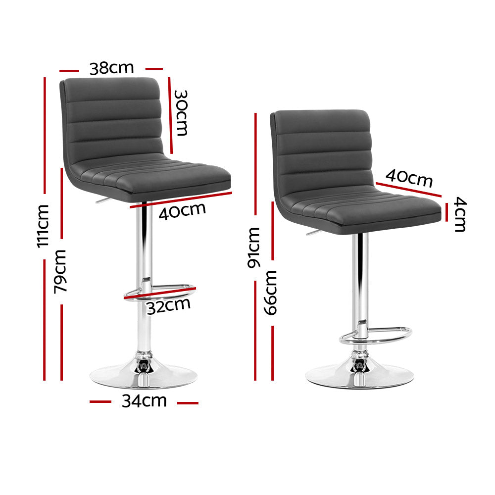 2 Pack Adjustable Height Bar Stools with Padded Leather Seat and Gas Lift Mechanism - Grey - Perfect for Kitchen Island, Home Bar, and Dining Room