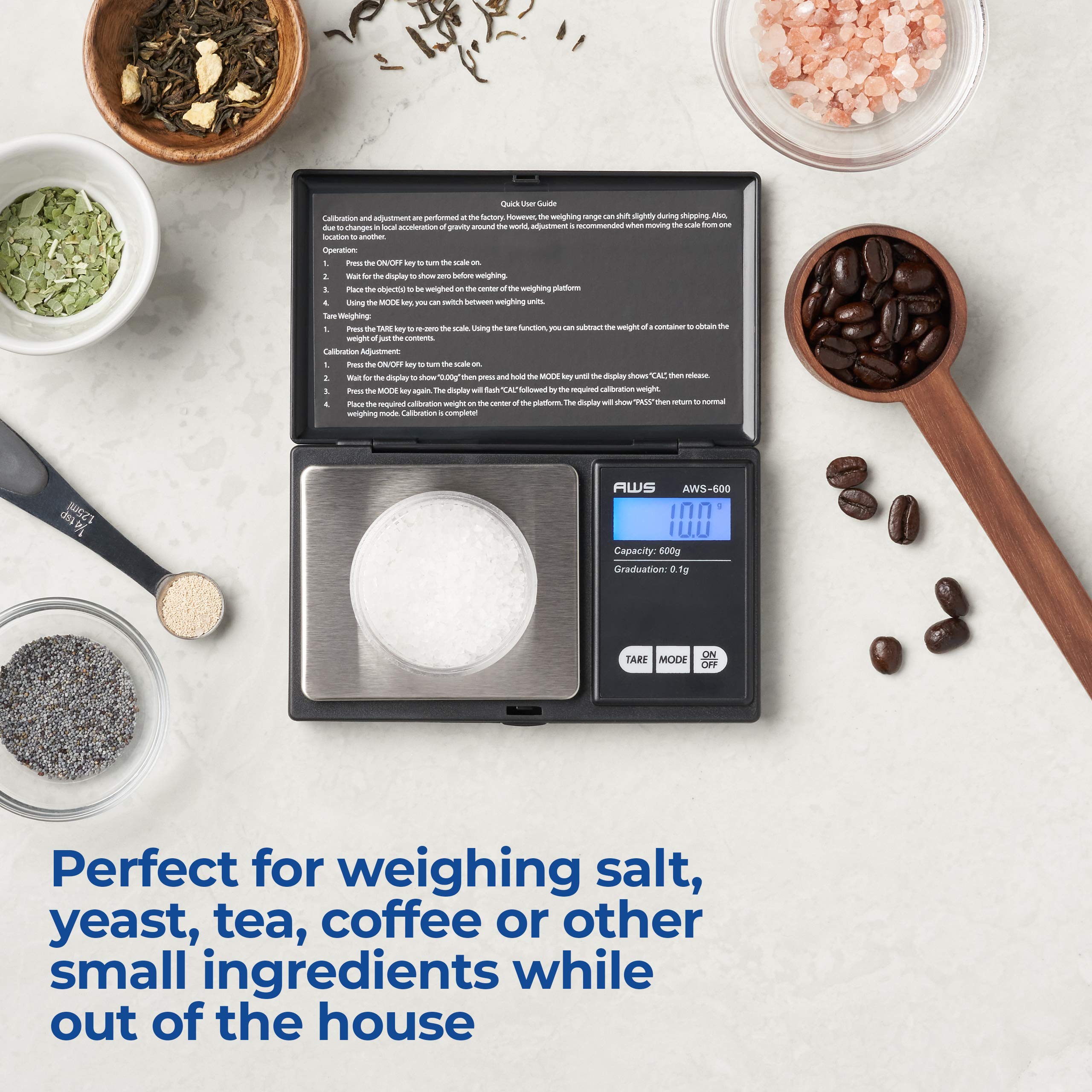AWS-600 Digital Pocket Scale - 600g x 0.1g Precision, Backlit LCD, Portable Gram Scale for Jewelry, Food, Medicine & Kitchen | Perfect for Travel, Cooking, Baking & Lab Measurements (Black)