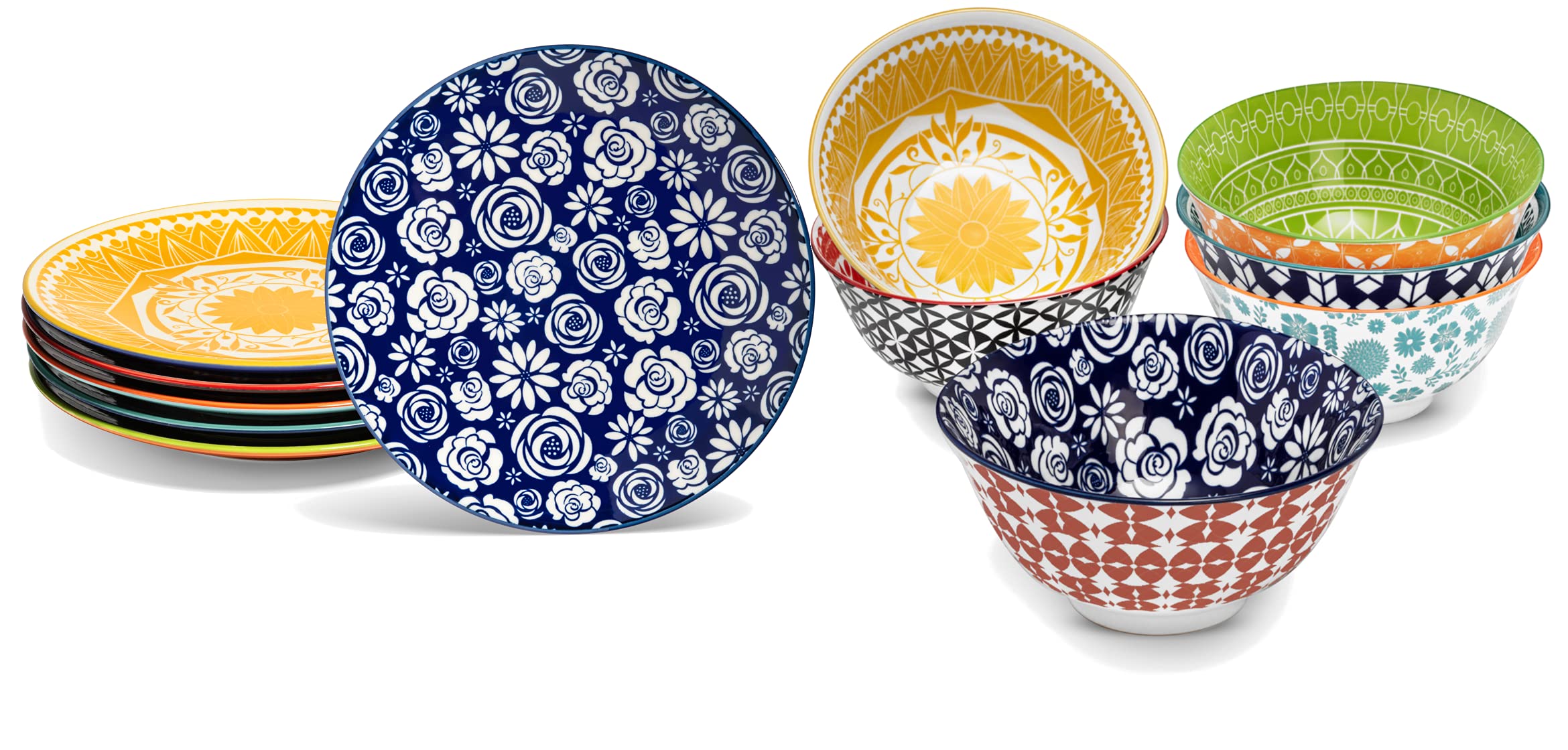 Annovero 16oz Cereal Bowls & Salad Plates Set - Colorful Porcelain Dinnerware for Kitchen, Microwave & Dishwasher Safe - Perfect for Breakfast, Salads, Snacks & Home Decor