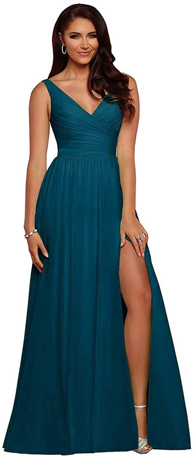 Elegant Long Chiffon Bridesmaid Dress with V-Neck & High Slit - Backless Formal Gown for Weddings, Prom & Special Occasions | Perfect for Wedding Guest, Bridal Party & Evening Events