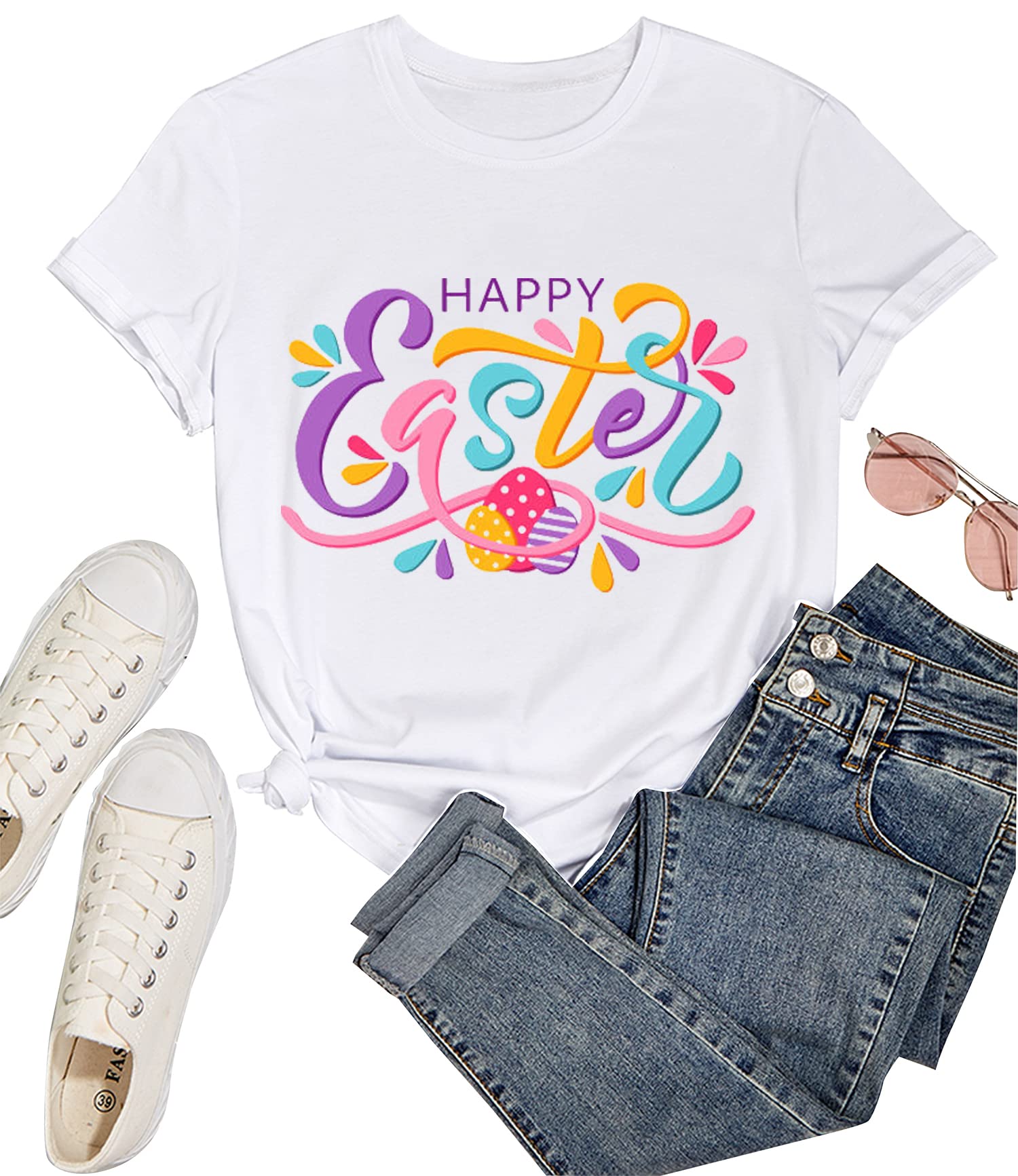 Funny Easter Bunny Rabbit Egg Graphic Printed Women's Crew Neck Short Sleeve T-Shirt - Cute Spring Holiday Tee for Easter Party, Family Gathering & Gift Giving