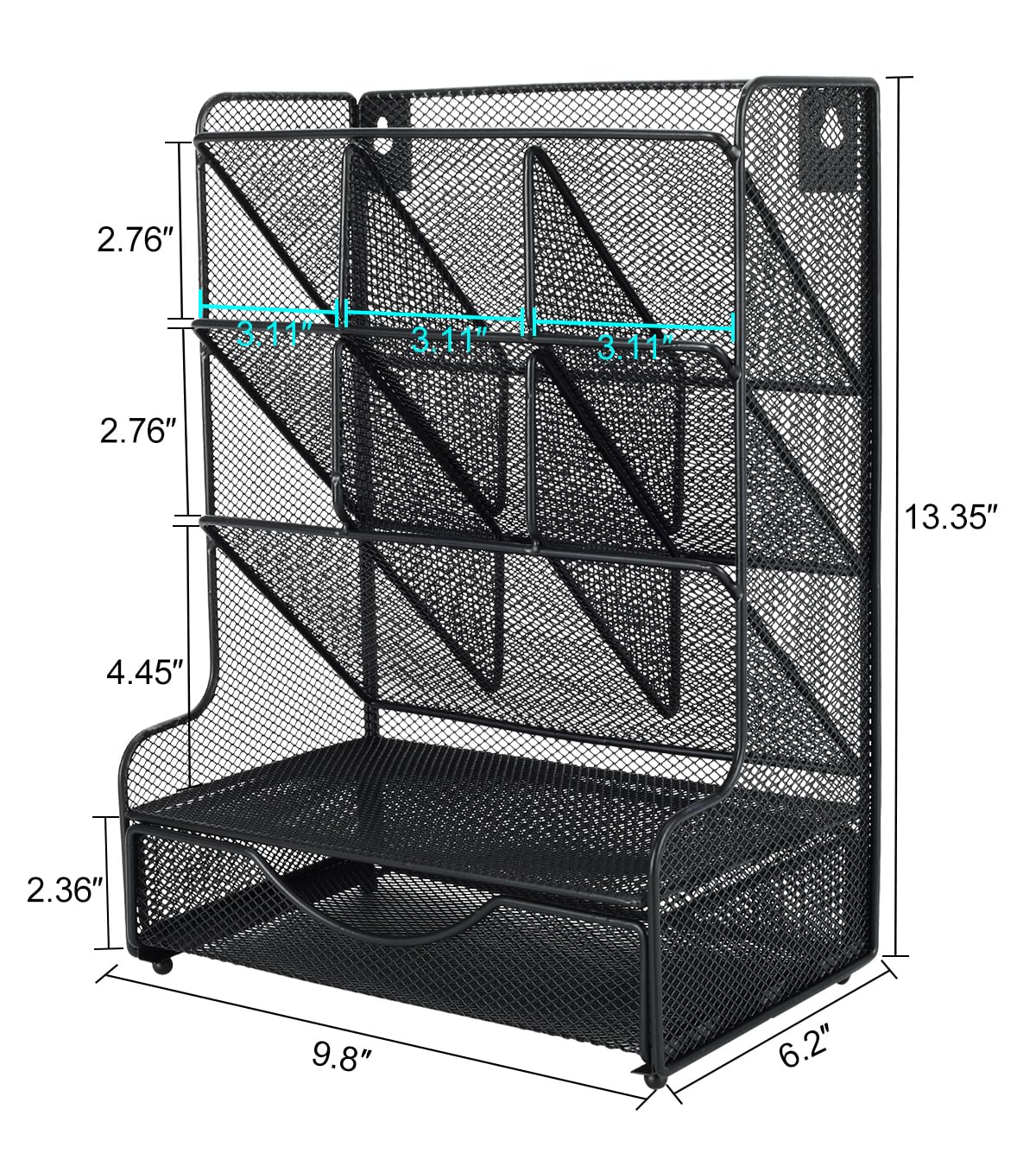 PAG Metal Mesh Desk Organizer with 9 Compartments & Drawer - Black Office Supplies Storage Caddy, Wall Mountable Pencil Holder for Kids - Perfect for School, Home Office & Workspace Organization