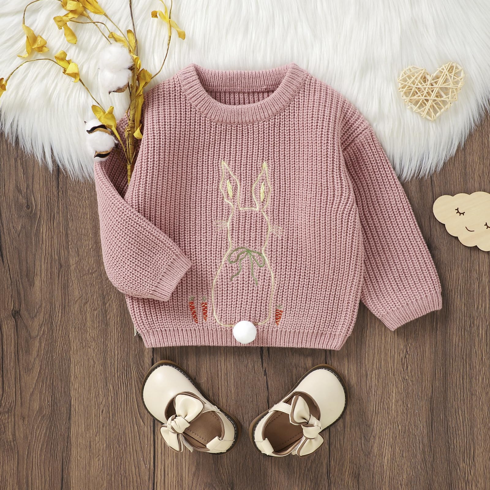 Adorable Baby Girl Easter Bunny Embroidered Knit Sweater - Long Sleeve Toddler Easter Outfit for Spring Photos & Family Gatherings