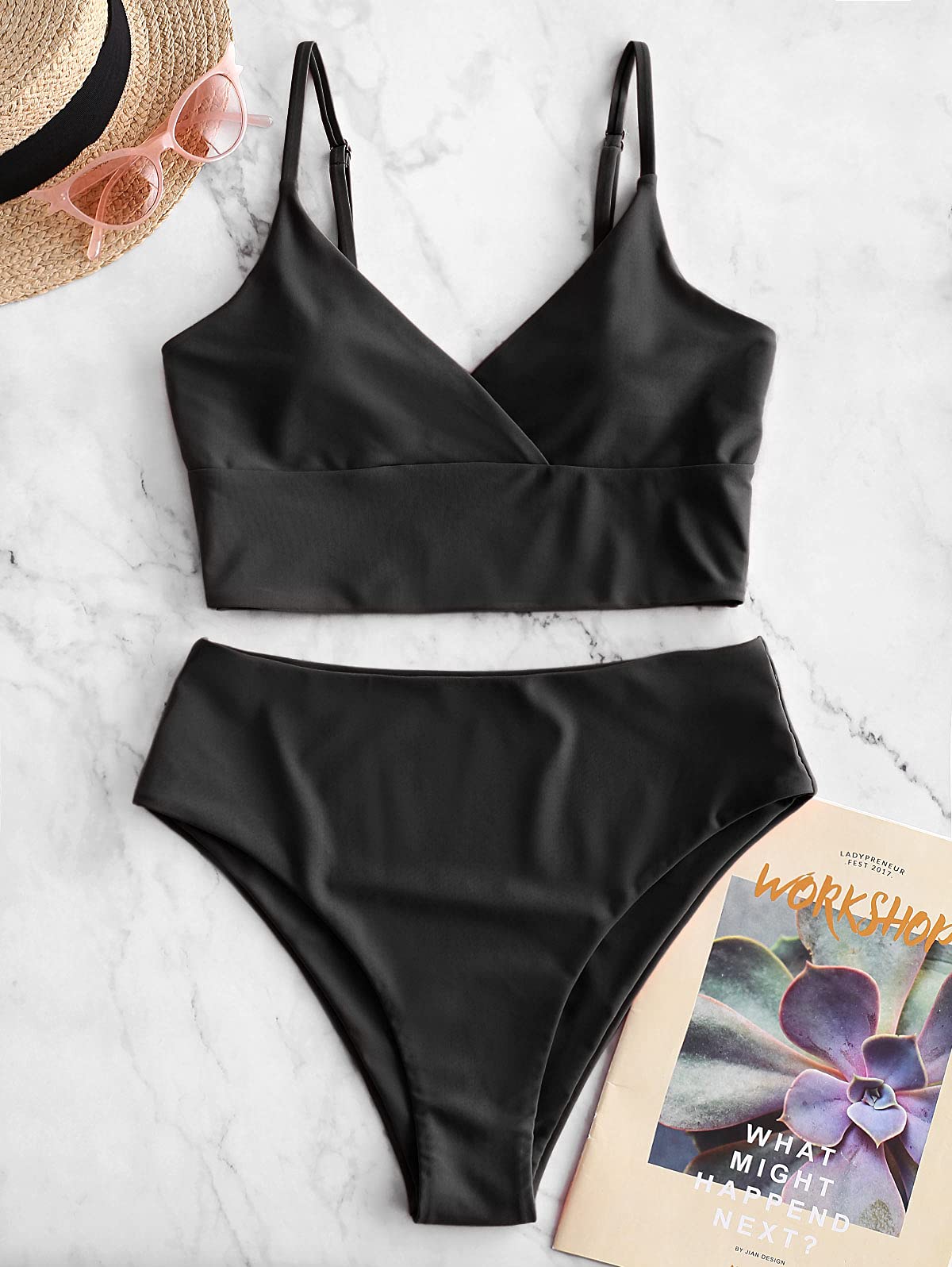 ZAFUL Women's Plunging Neck Floral Print Surplice High Cut Two Piece Tankini Swimsuit - Sexy Beachwear for Pool Party & Summer Vacation