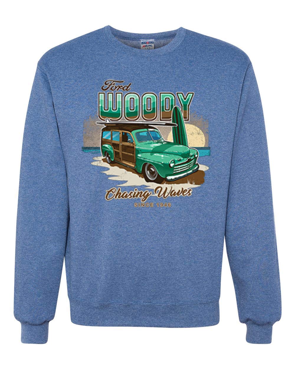 Vintage 1946 Ford Woody Chasing Waves Graphic Sweatshirt - Wild Bobby Retro Cars & Trucks Unisex Crewneck (Perfect for Beach Outings, Car Enthusiast Gifts & Casual Wear)