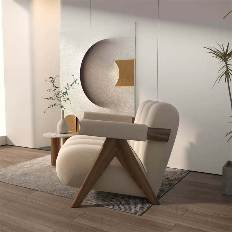 Japandi Style White Velvet Accent Chair with Walnut Wood Frame - Mid-Century Modern Armchair for Living Room, Bedroom & Office - Cozy Seating for Home Decor & Relaxation