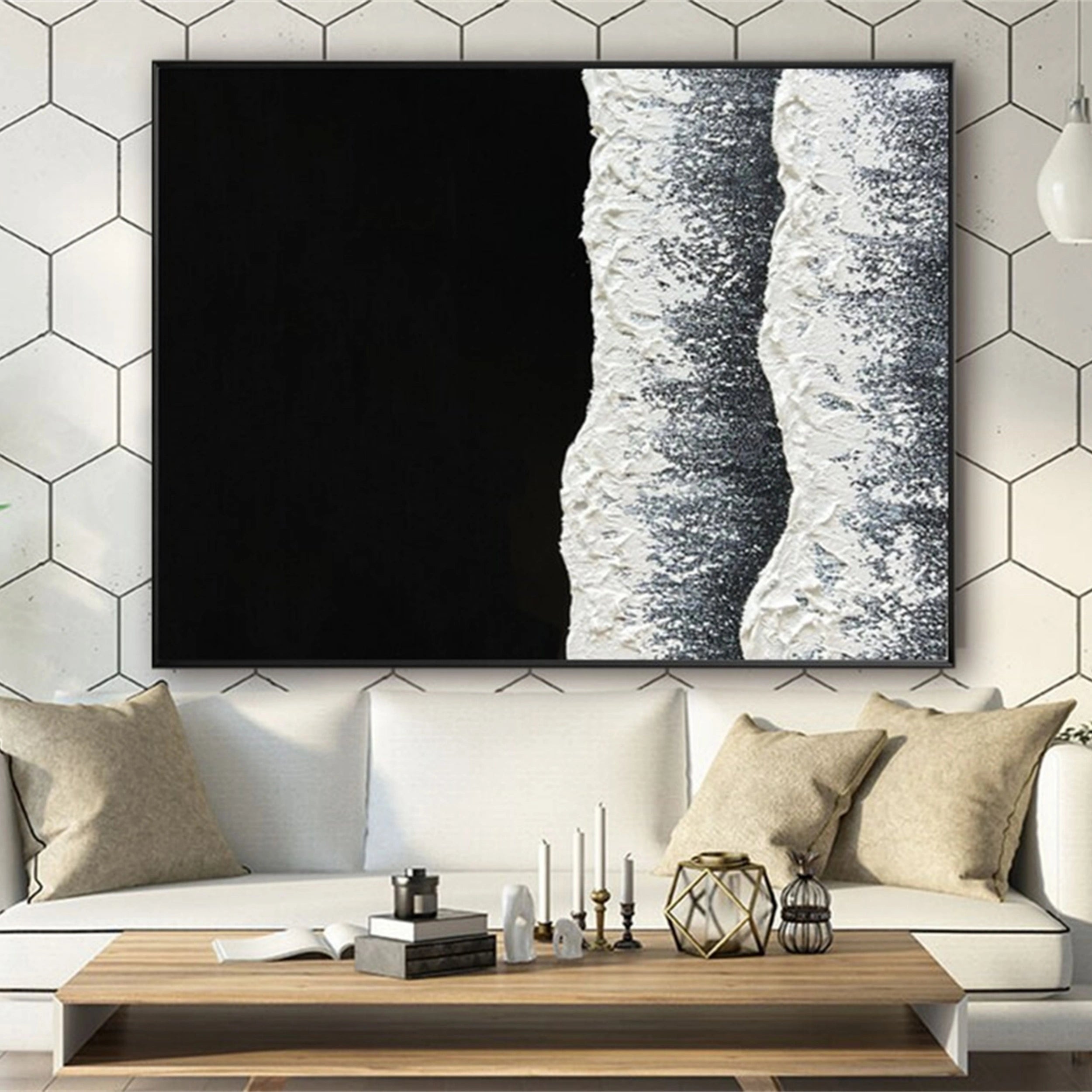 Black and White Textured Minimalist Wall Art Print #MZ057 - Modern Abstract Canvas Painting for Living Room, Bedroom & Office Decor