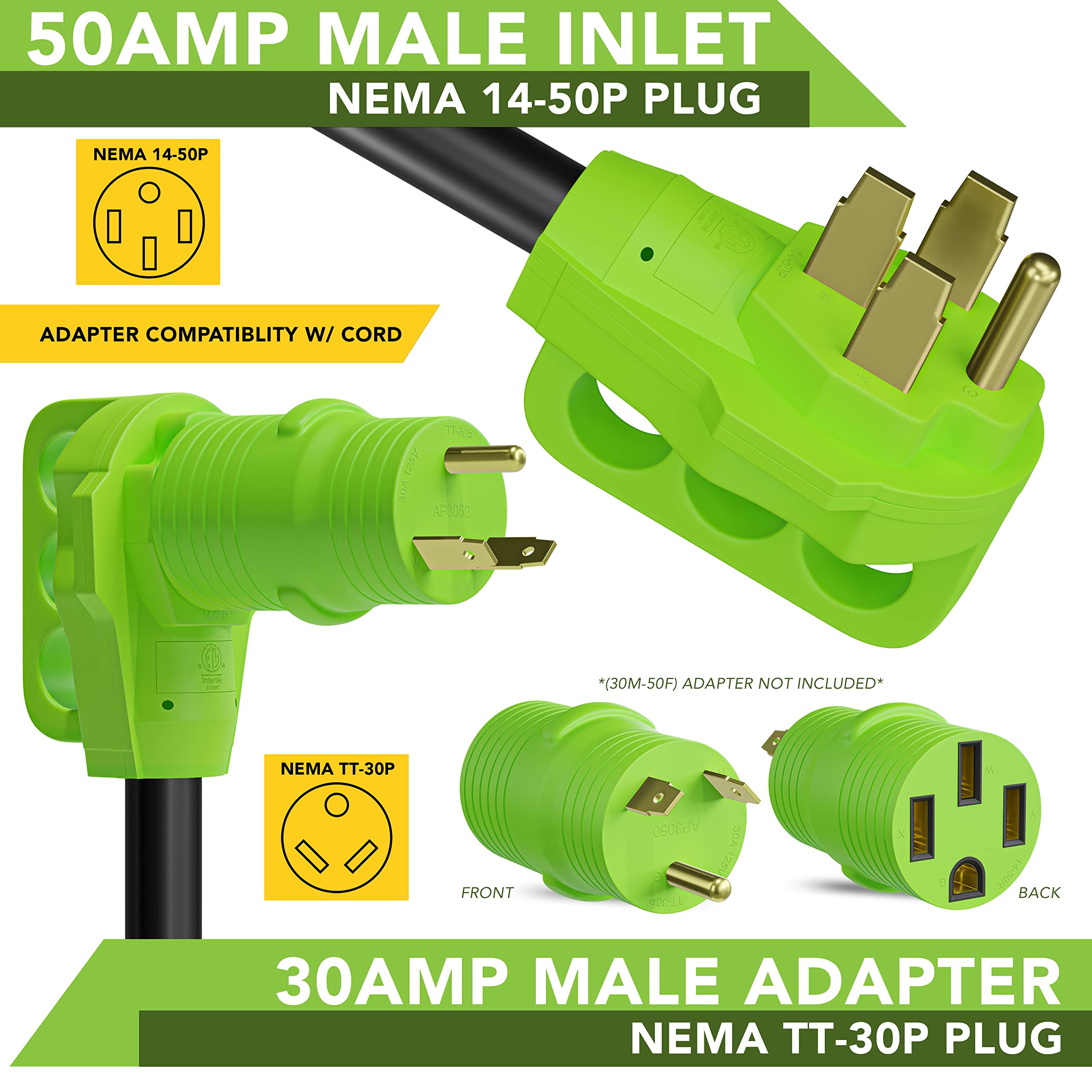50 Amp 50-Foot Heavy Duty Extension Cord with 50 AMP Male Standard & Female Locking Adapter - Perfect for RV, Camper, Marine, and Outdoor Power Supply