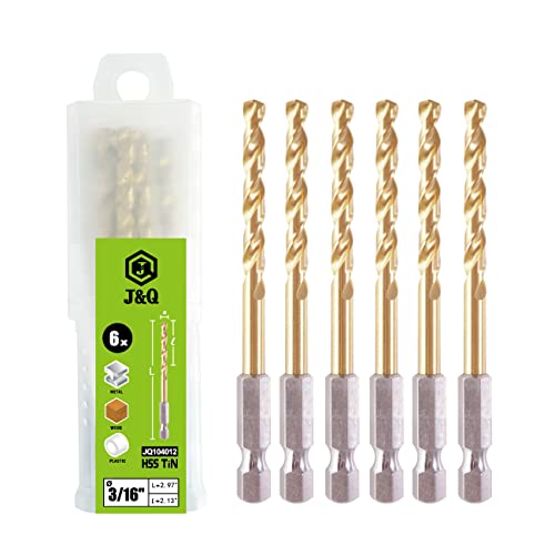 J&Q 3/16 Inch HSS Twist Drill Bits Set - TiN Coated Hex Shank Metal Drill Bits for Steel, Copper, Aluminum & Zinc Alloy - Quick Change Hex Shank (6-Piece Same Size Pack) - Perfect for DIY Projects, Metalworking & Home Repairs